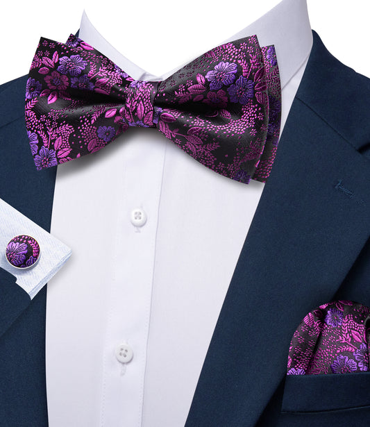 Barry. Wang Wisteria Purple Bowtie for Men Silk Pre-Tied Floral Wedding Bowtie Hanky Cufflinks Set