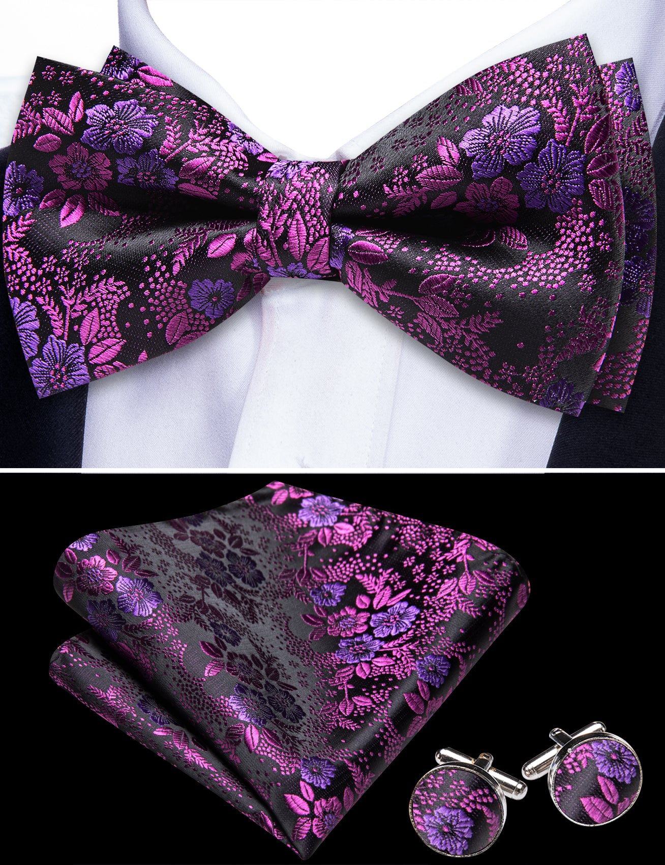 Barry. Wang Wisteria Purple Bowtie for Men Silk Pre-Tied Floral Wedding Bowtie Hanky Cufflinks Set