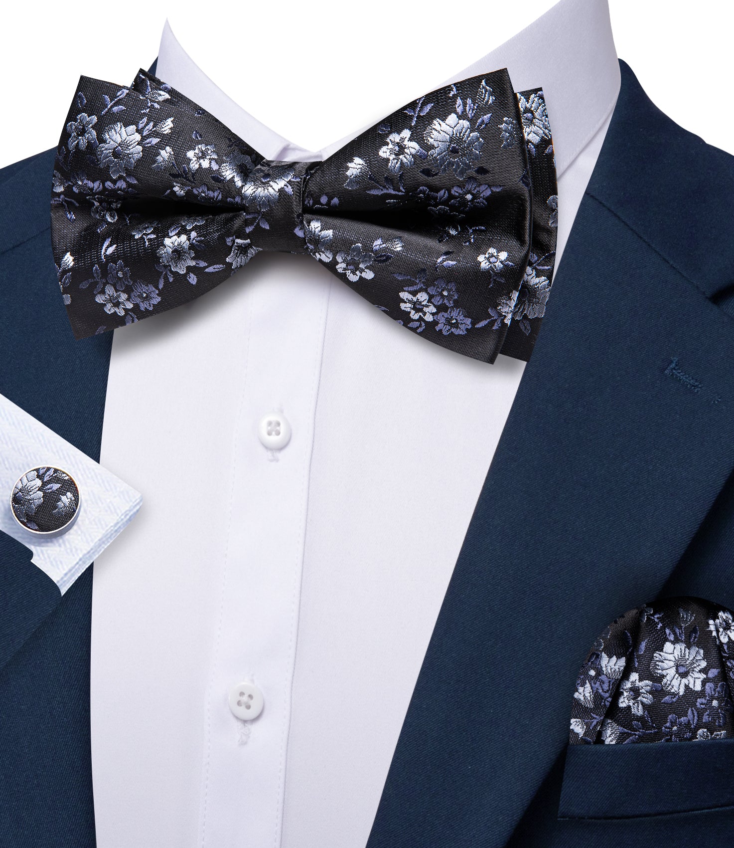 Barry. Wang Black Silver Bowtie for Wedding Party Pre-tied Floral Silk Bowtie Pocket Square Cufflinks Set