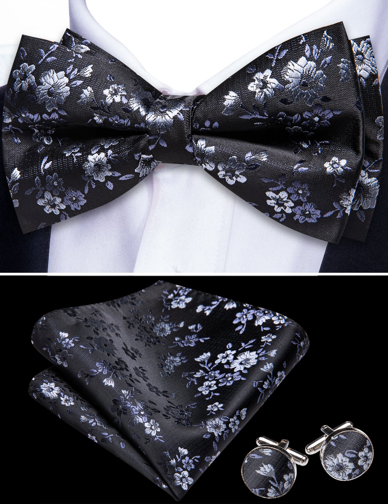 Barry. Wang Black Silver Bowtie for Wedding Party Pre-tied Floral Silk Bowtie Pocket Square Cufflinks Set