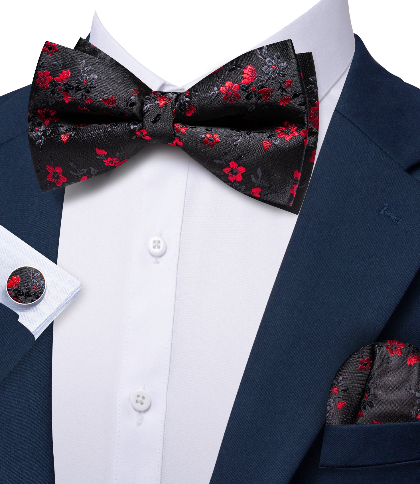 Barry. Wang Black Red Bow Tie Hanky Cufflinks Set for Wedding Pre-Tied Floral Silk Formal Bowtie