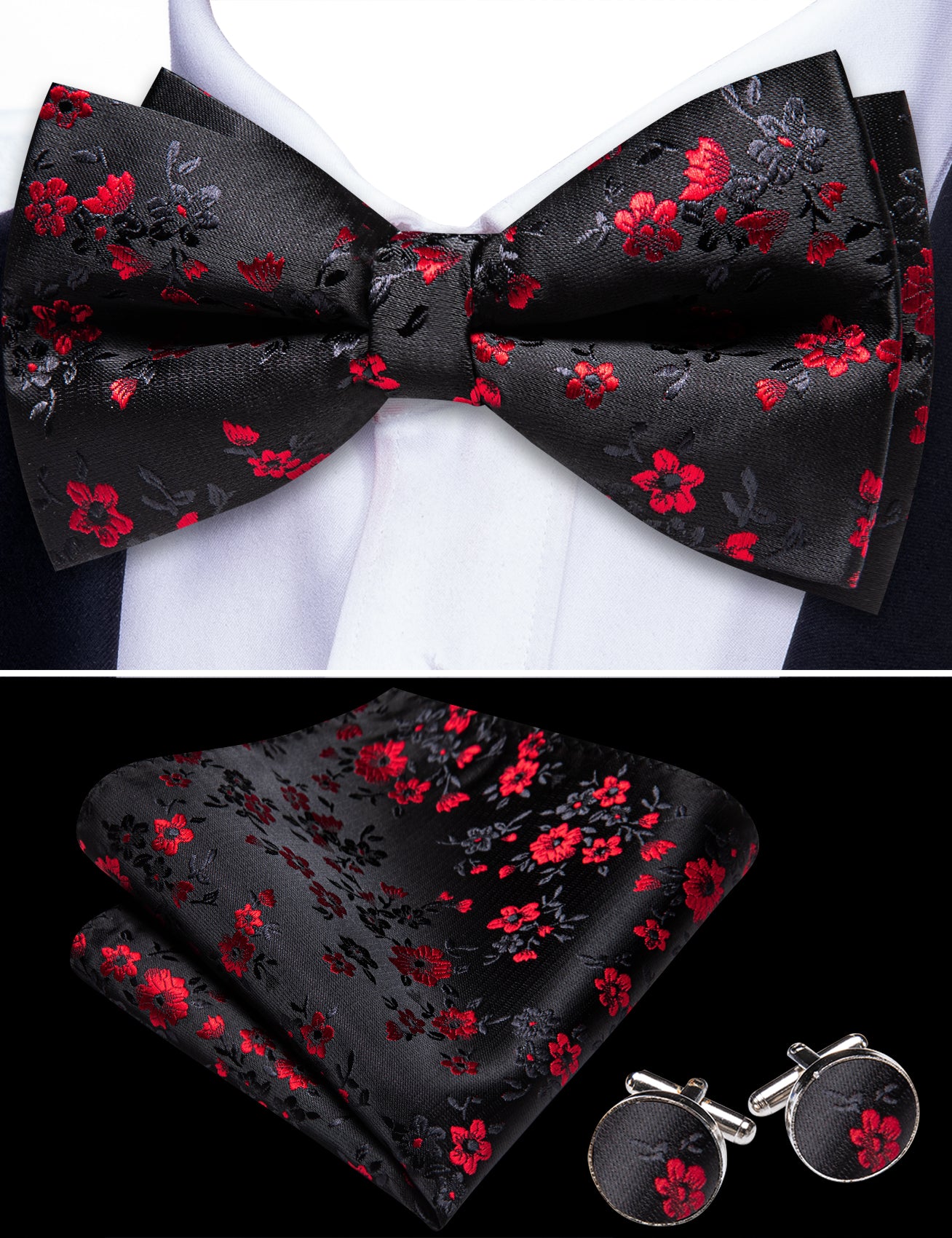 Barry. Wang Black Red Bow Tie Hanky Cufflinks Set for Wedding Pre-Tied Floral Silk Formal Bowtie