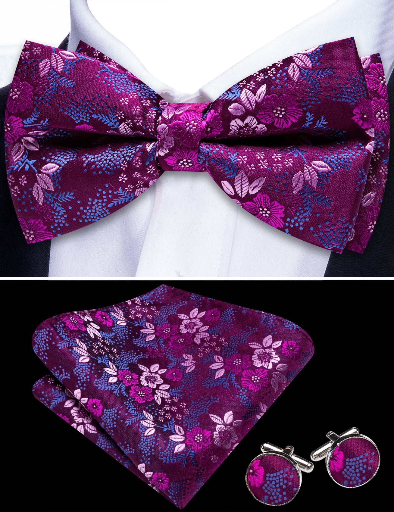 Barry. Wang Plum Bow Tie Hanky Cufflinks Set Floral Pre-tied Jacquard Bow Tie for Men