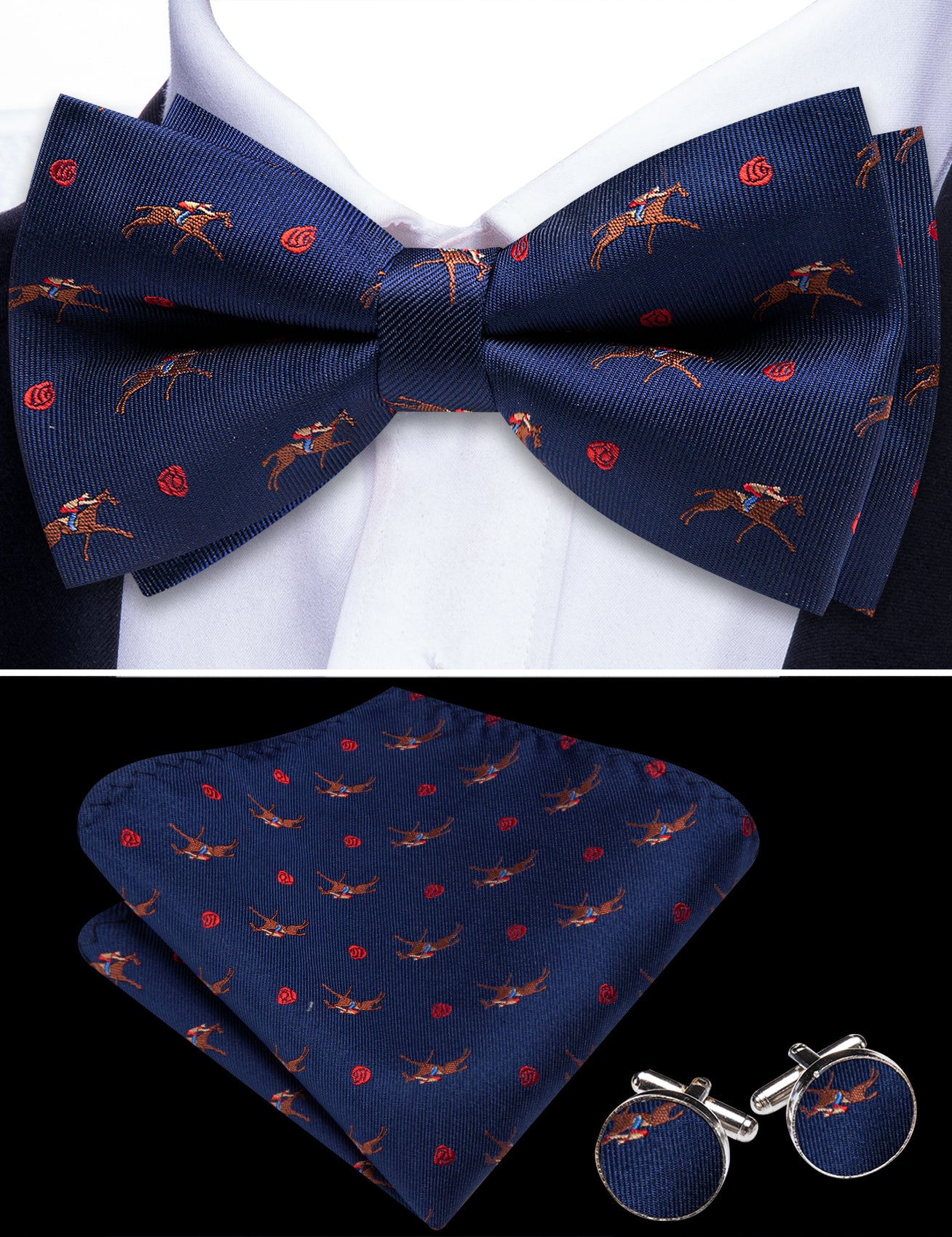 Barry. Wang Navy Bow Tie Hanky Cufflinks Set Floral Pre-tied Jacquard Bow Tie for Men