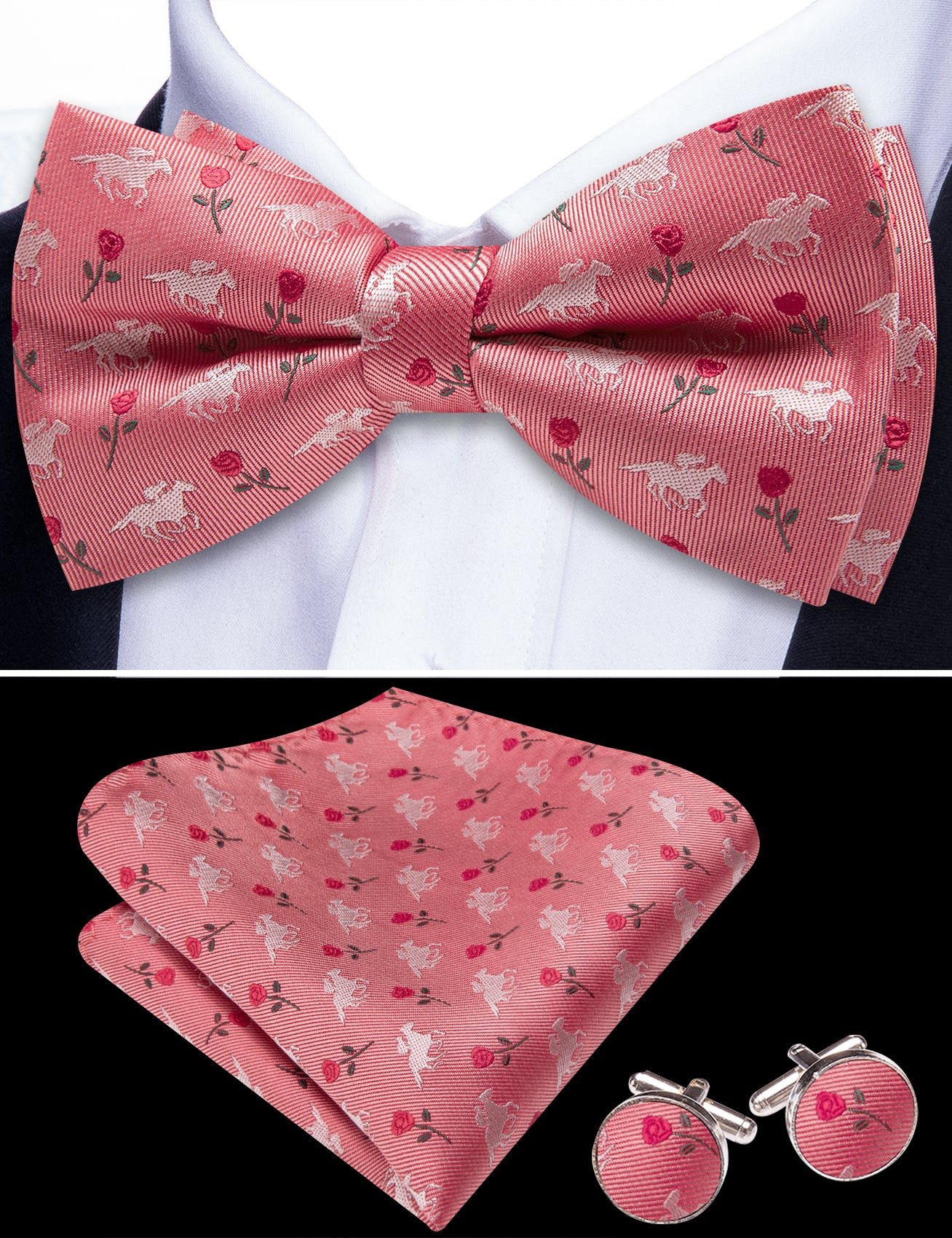 Barry. Wang Pink Bow Tie Hanky Cufflinks Set Floral Pre-tied Jacquard Bow Tie for Men