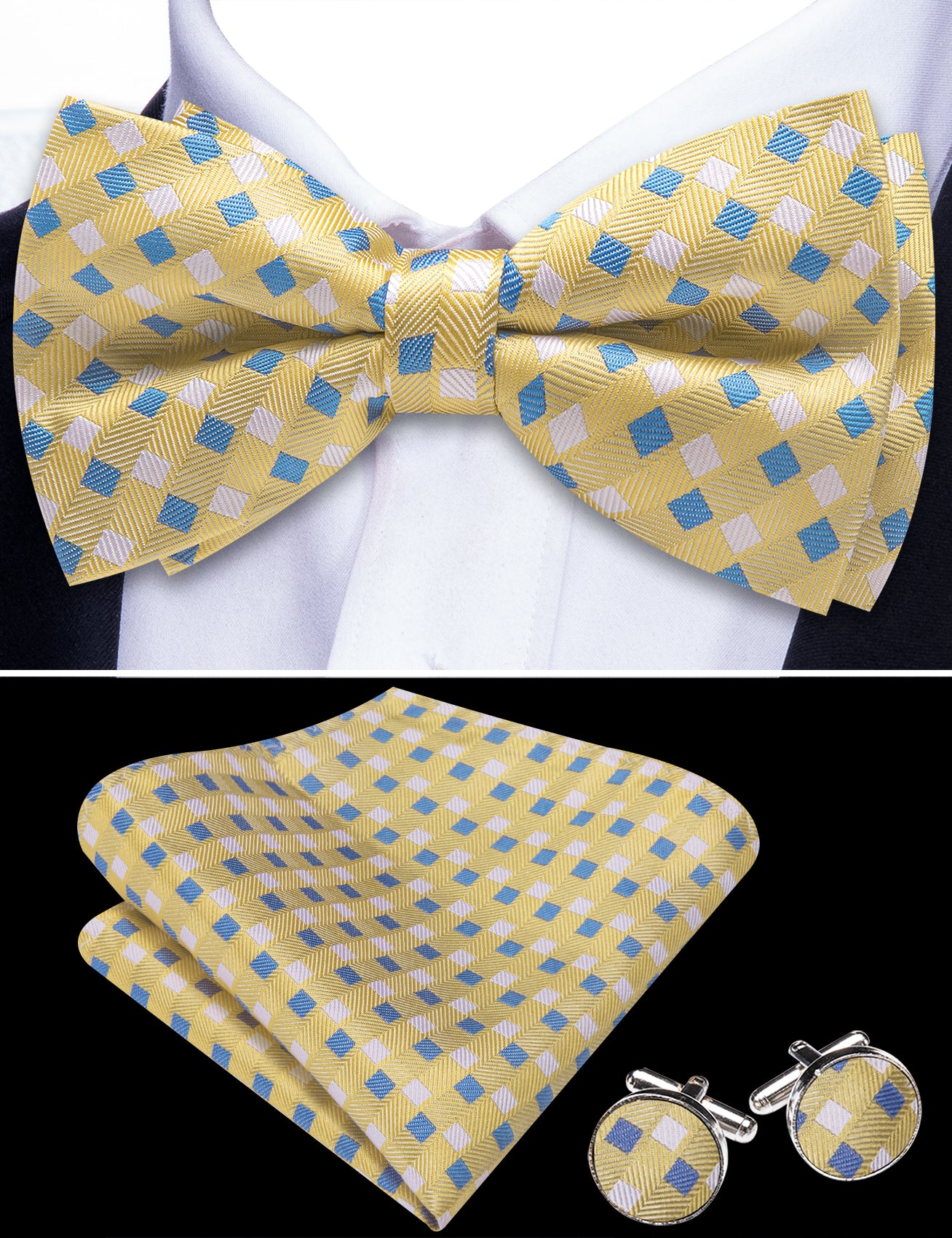 Barry. Wang Yellow Bow Tie Hanky Cufflinks Set Blue Plaid Pre-tied Silk Men's Tuxedo Bow Tie Hanky Cufflinks Set for Wedding