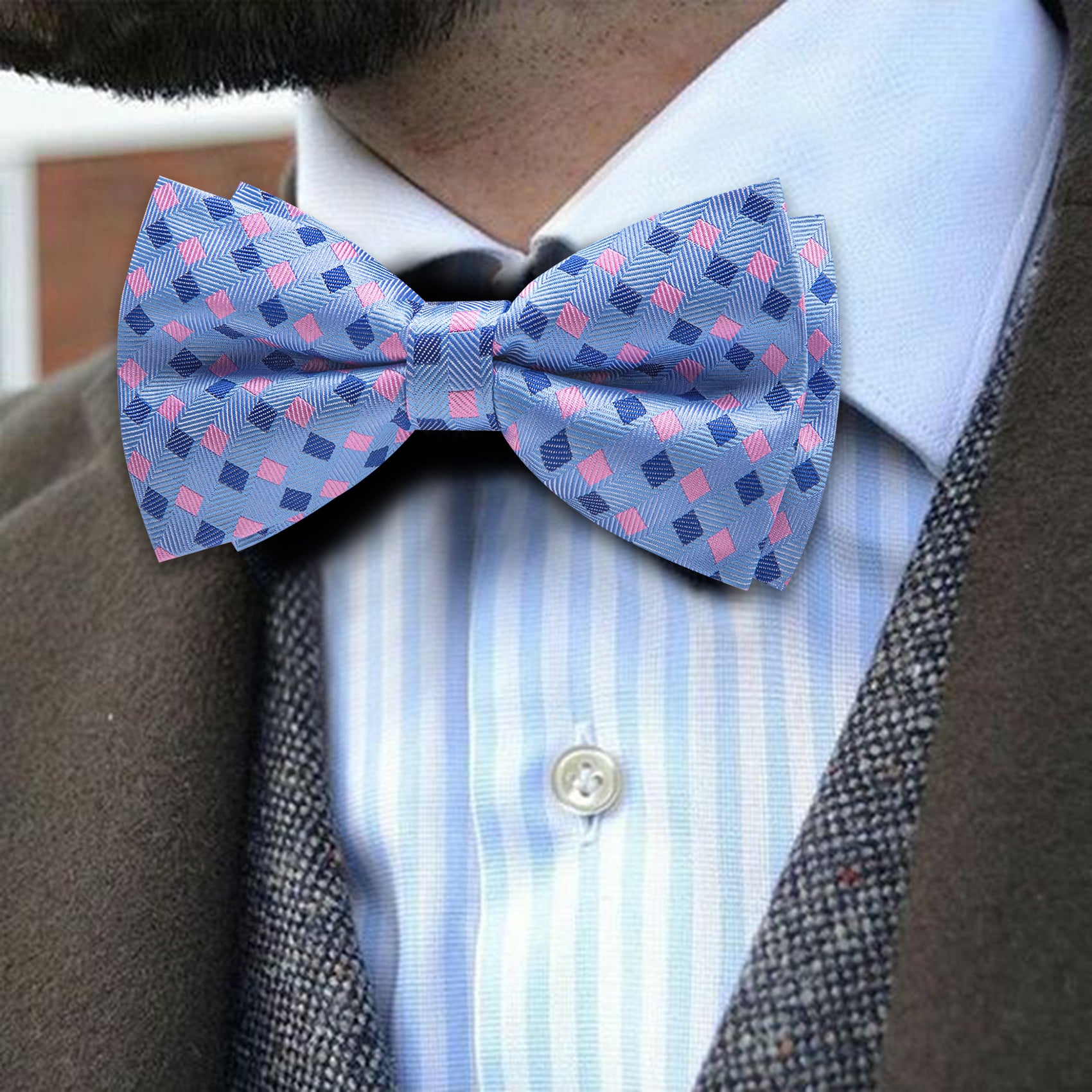 Barry. Wang Blue Bow Tie Hanky Cufflinks Set Plaid Pre-tied Silk Men's Tuxedo Bow Tie Hanky Cufflinks Set