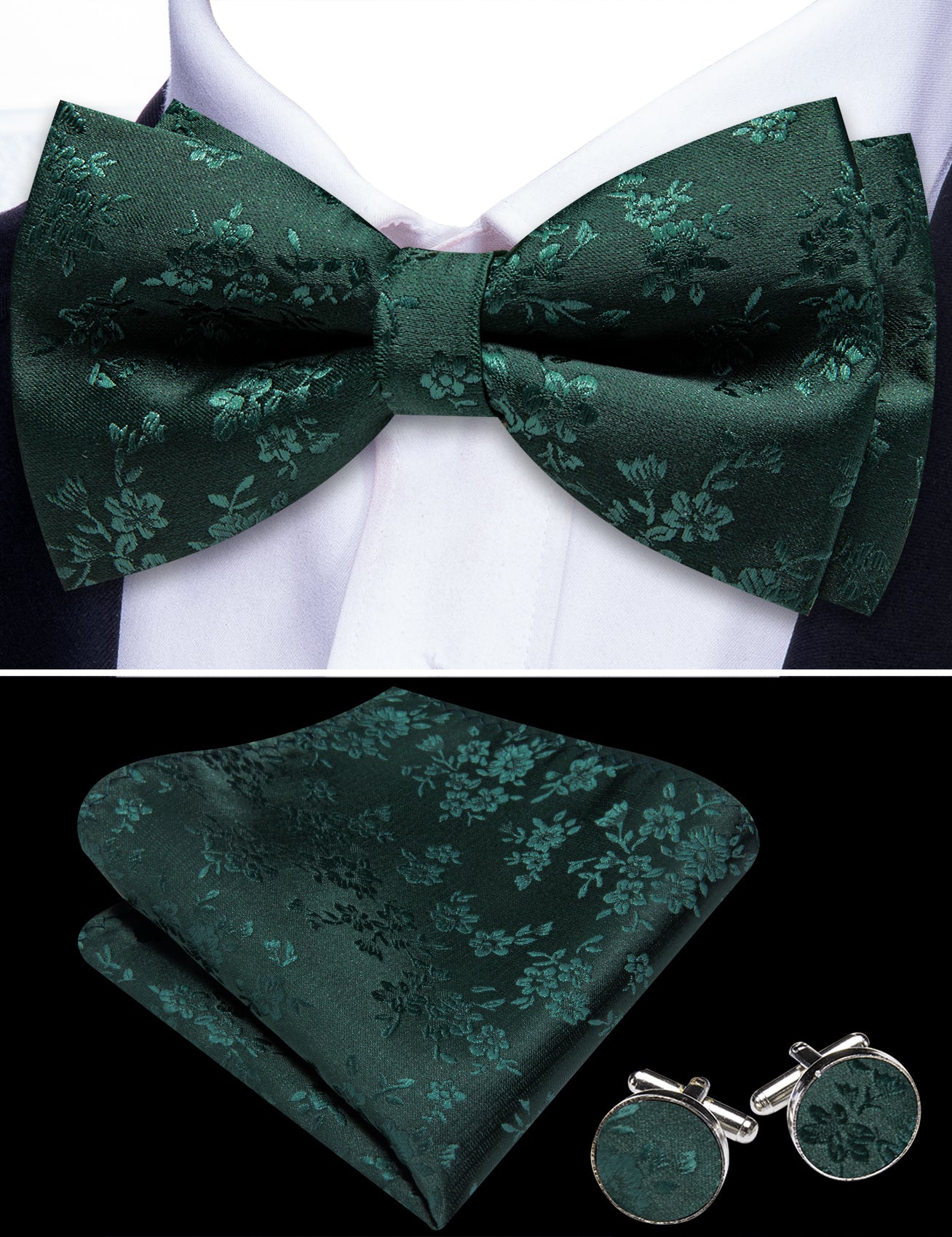 Barry. Wang Dark Green Bow Tie Hanky Cufflinks Set Floral Pre-tied Jacquard Bow Tie for Men