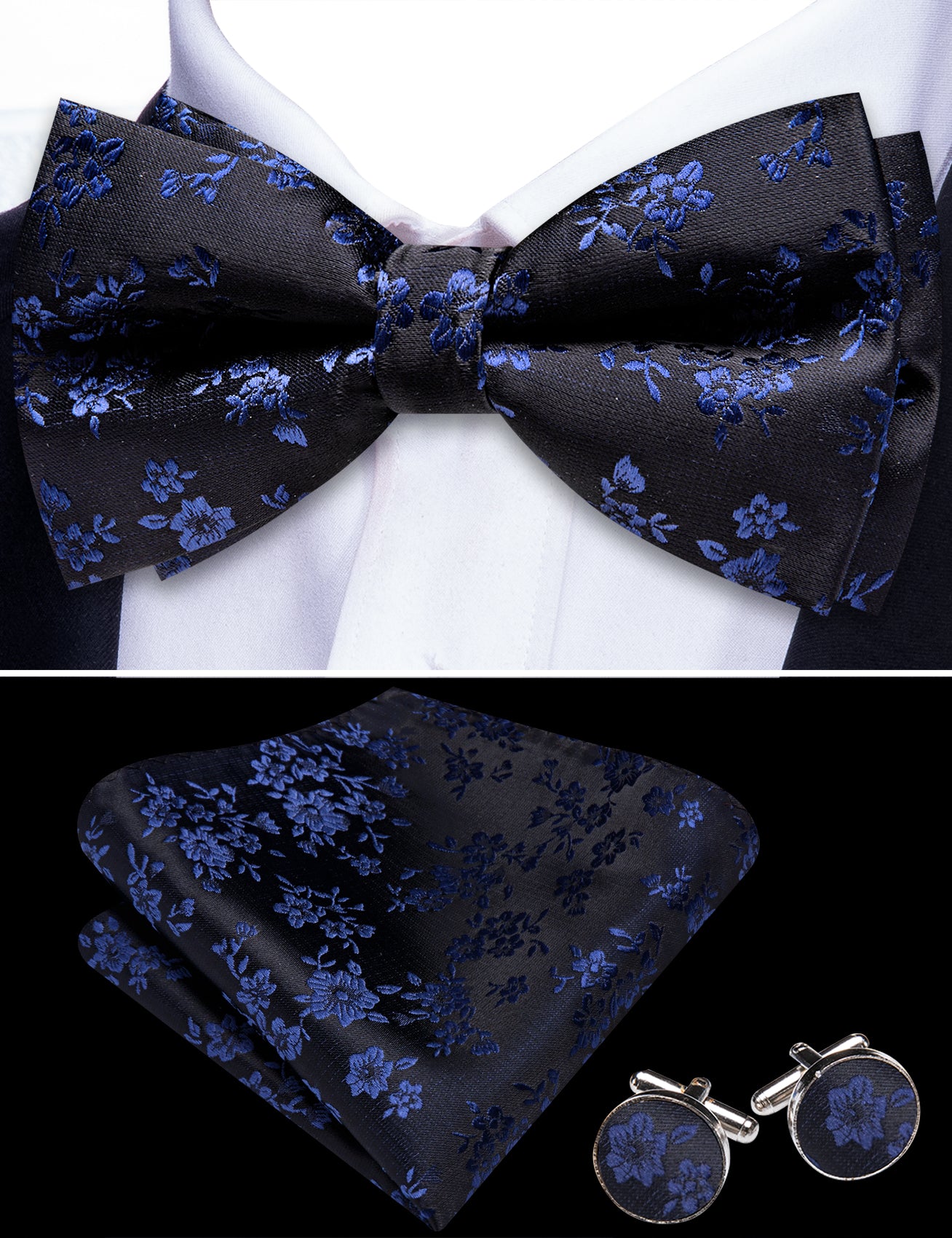 Barry. Wang Black Bow Tie Hanky Cufflinks Set Blue Floral Pre-tied Jacquard Bow Tie for Men