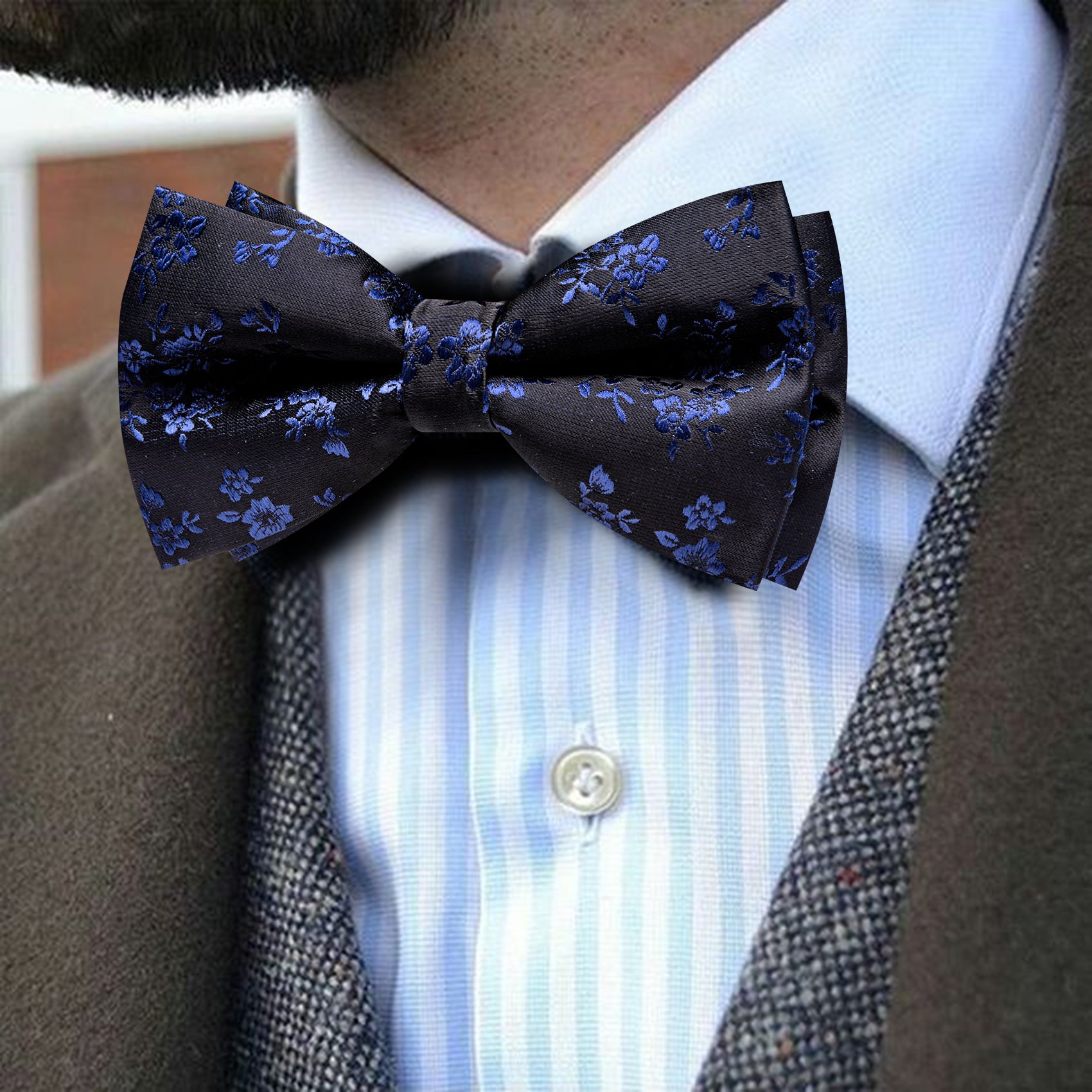 Barry. Wang Black Bow Tie Hanky Cufflinks Set Blue Floral Pre-tied Jacquard Bow Tie for Men