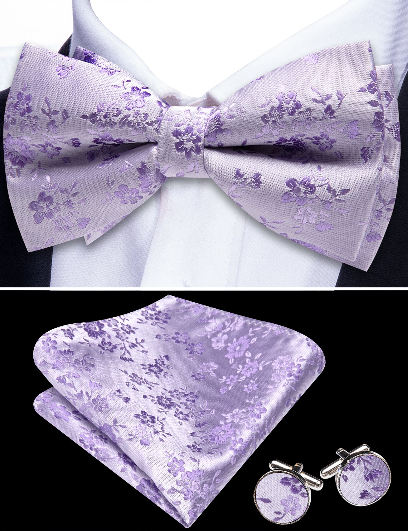 Barry. Wang Lavender Bowtie Floral Pre-tied Silk Men's Tuxedo Bow Tie Hanky Cufflinks Set