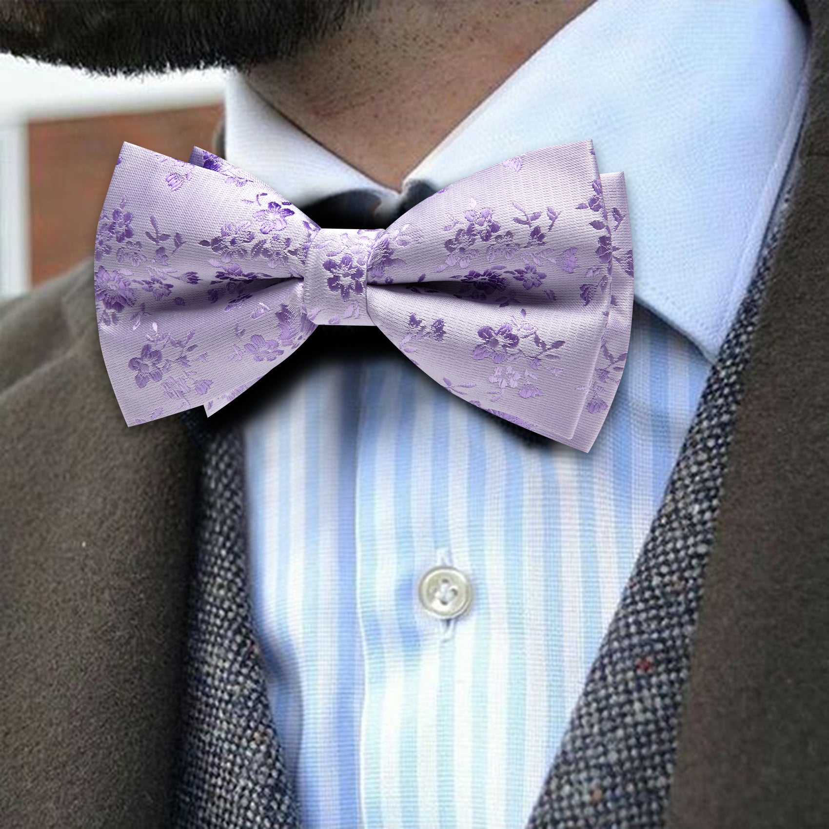 Barry. Wang Lavender Bowtie Floral Pre-tied Silk Men's Tuxedo Bow Tie Hanky Cufflinks Set