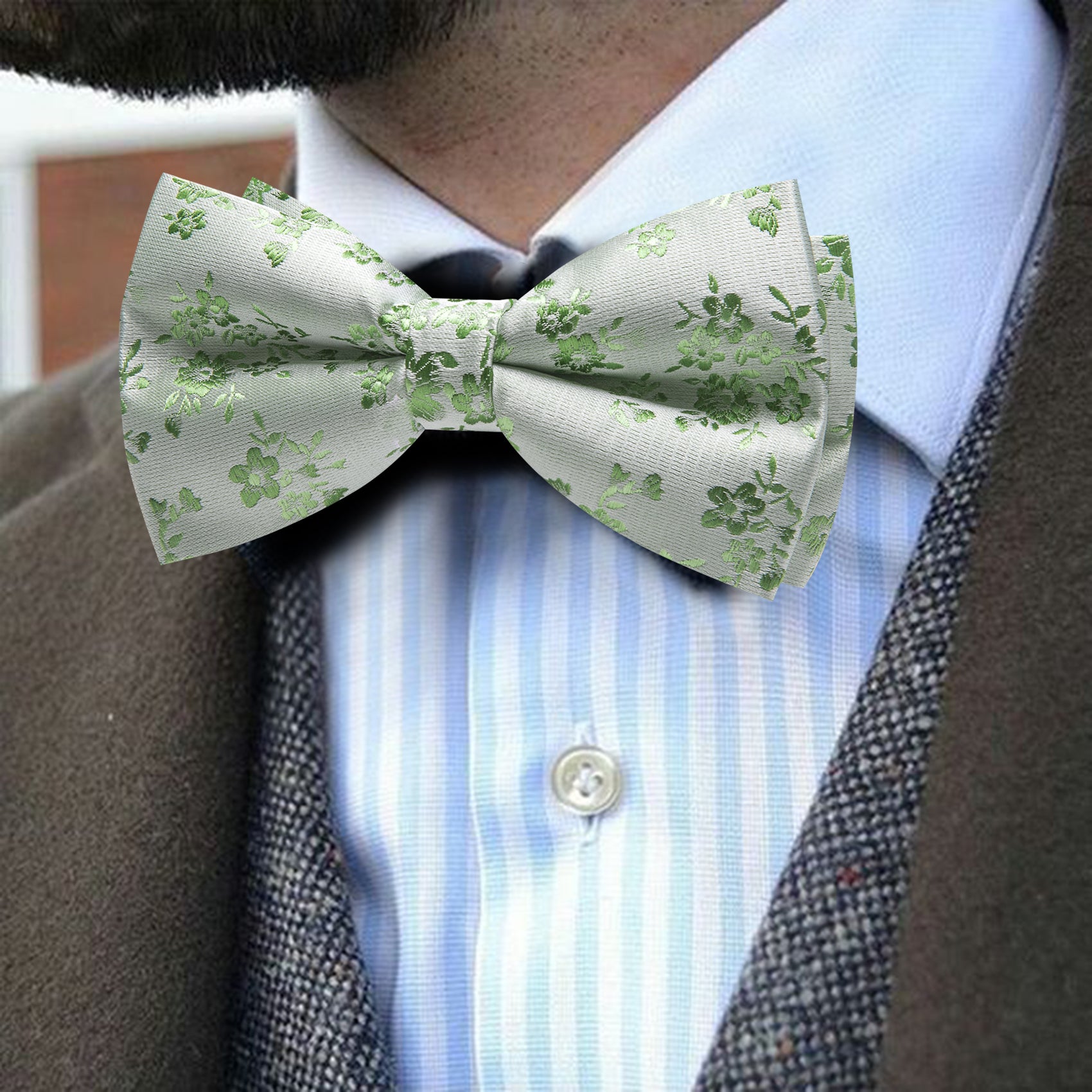 Barry. Wang Sage Green Bowtie Floral Pre-tied Silk Men's Tuxedo Bow Tie Hanky Cufflinks Set