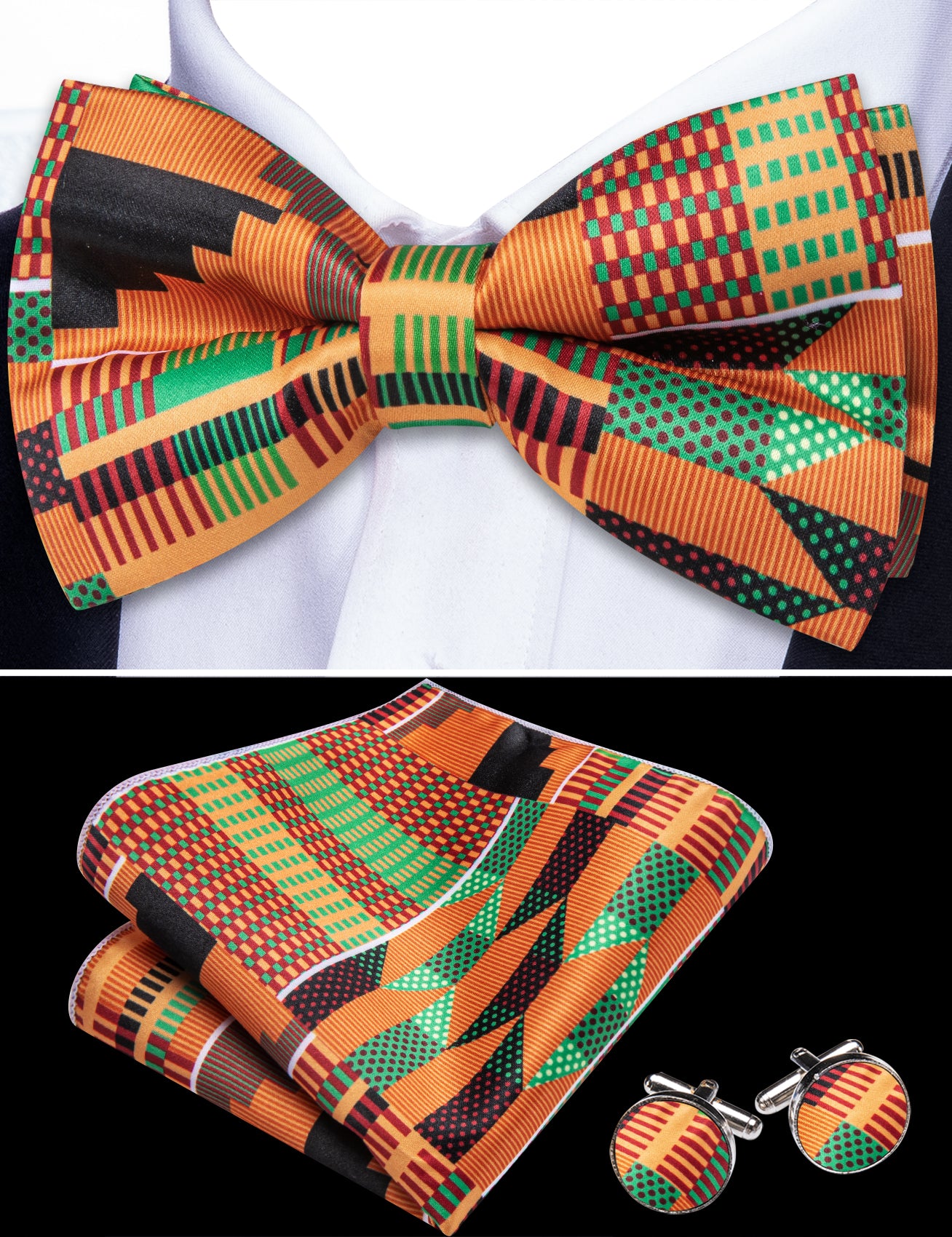 Barry. Wang Orange Bow Tie for Party Pre-tied Adjustable Formal Bow Tie Pocket Square Cufflinks Set