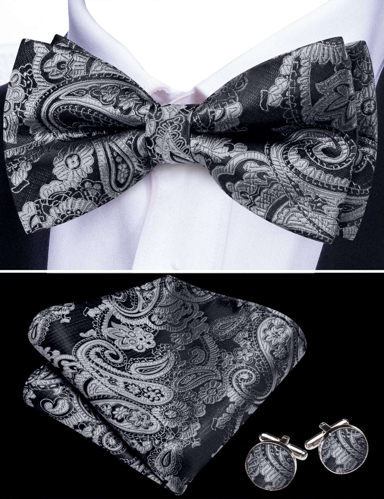 Barry. Wang Gray Paisley Bowtie Pocket Square Cufflinks Set Silk Adjustable Men's Wedding Party Bow Tie