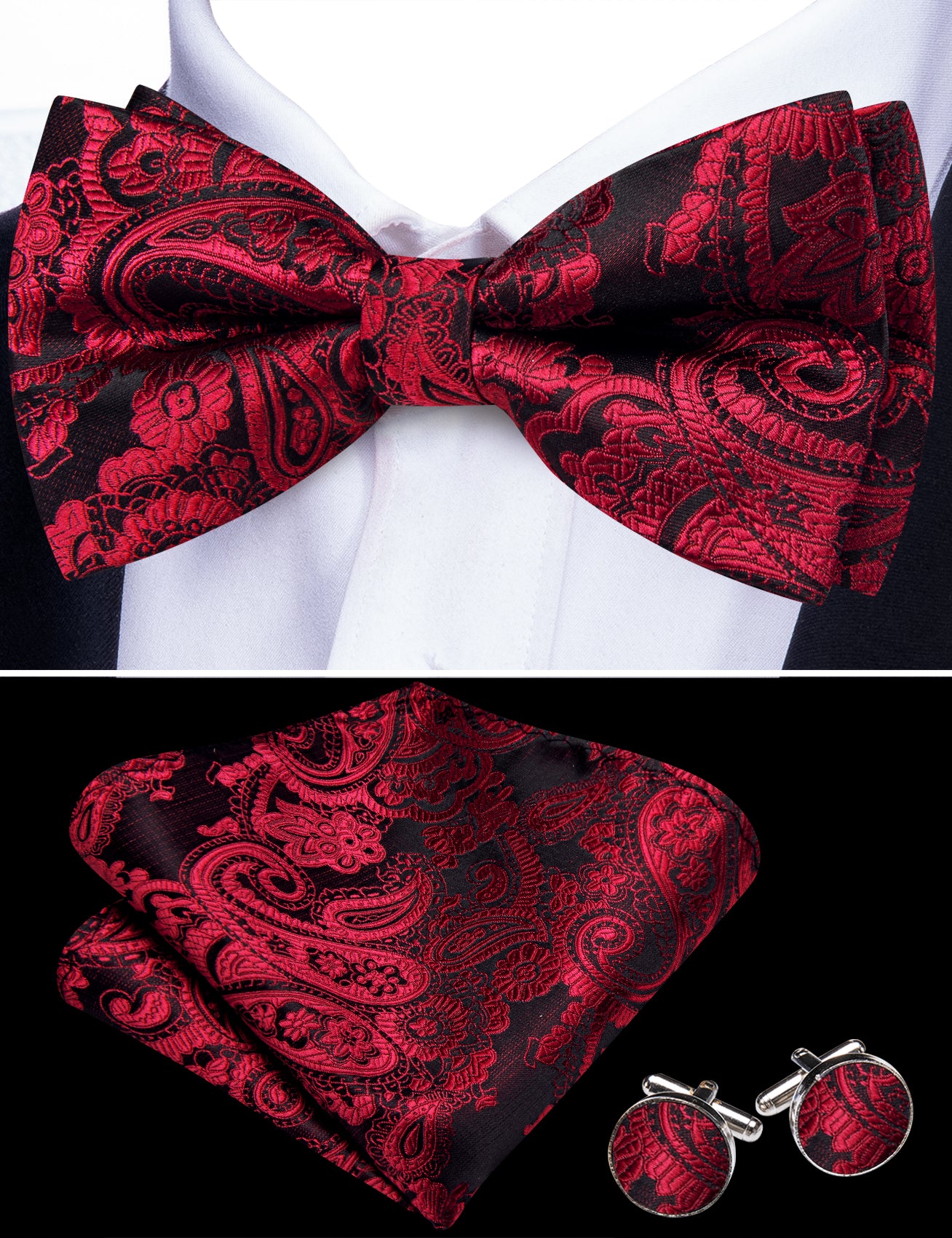 Barry. Wang Red Paisley Bow Tie Hanky Cufflinks Set Adjustable Pre-tied Jacquard Silk Bow Tie for Tuxedo