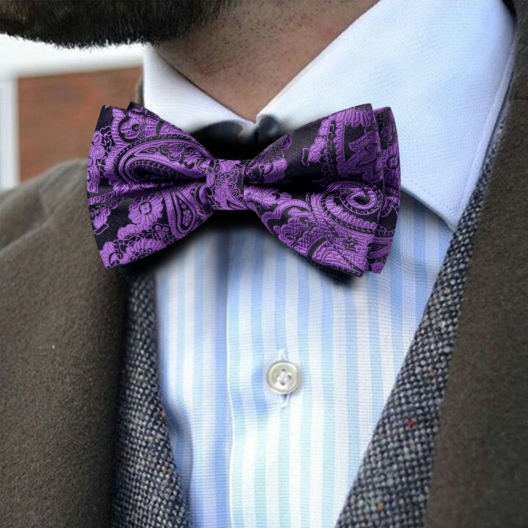 Barry. Wang Violet Purple Bowtie Paisley Pre-tied Men's Formal Bow Tie for Party Hanky Cufflinks Set