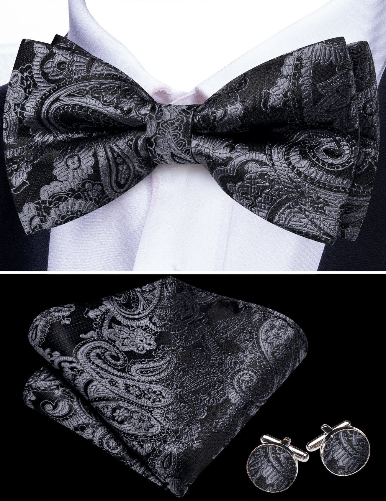 Barry. Wang Paisley Grey Bow Tie Pocket Square Cufflinks Set Silk Pre-tied Bow Tie for Wedding