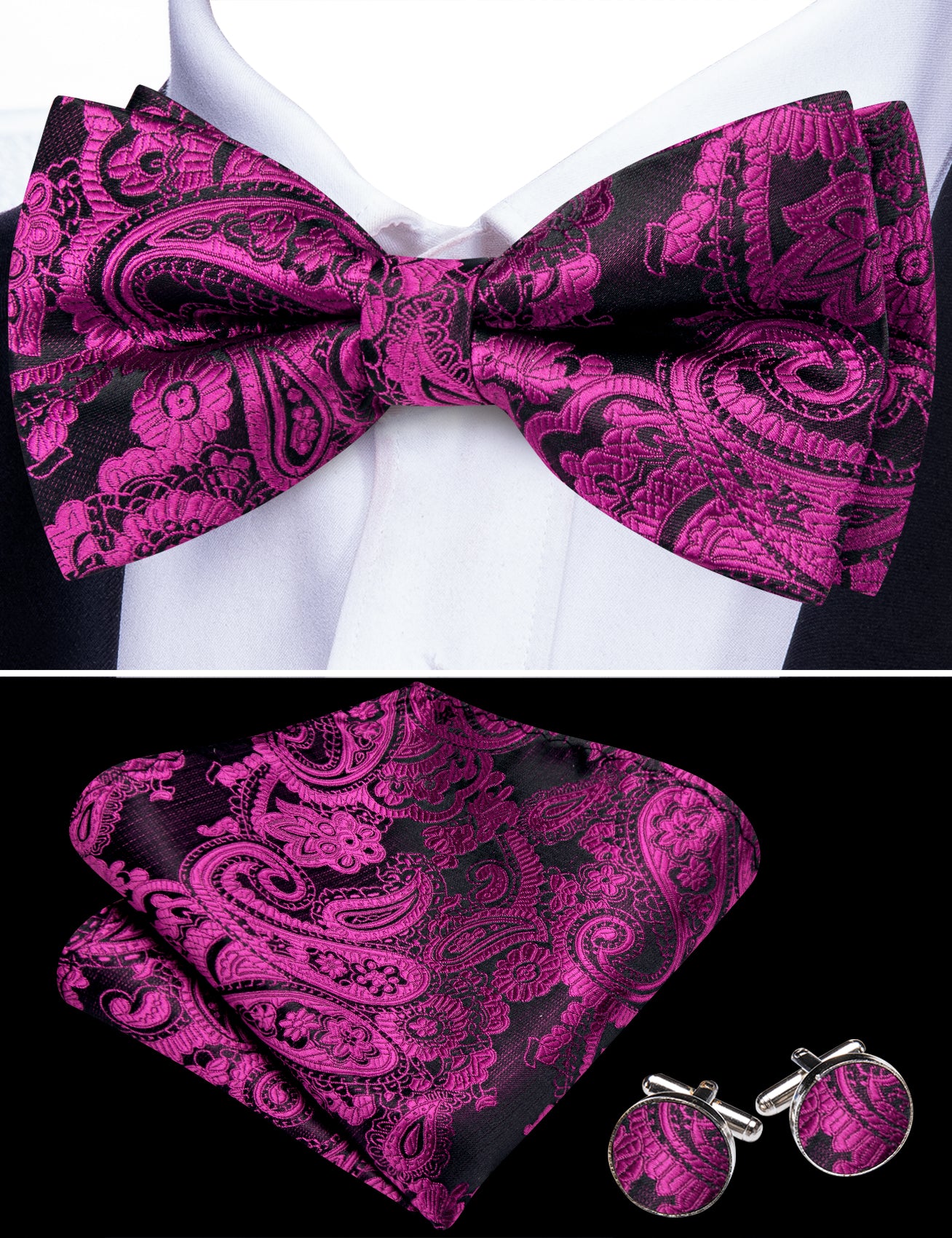 Barry. Wang Fuchsia Pink Bow Tie Hanky Cufflinks Set Paisley Pre-tied Jacquard Bow Tie for Wedding
