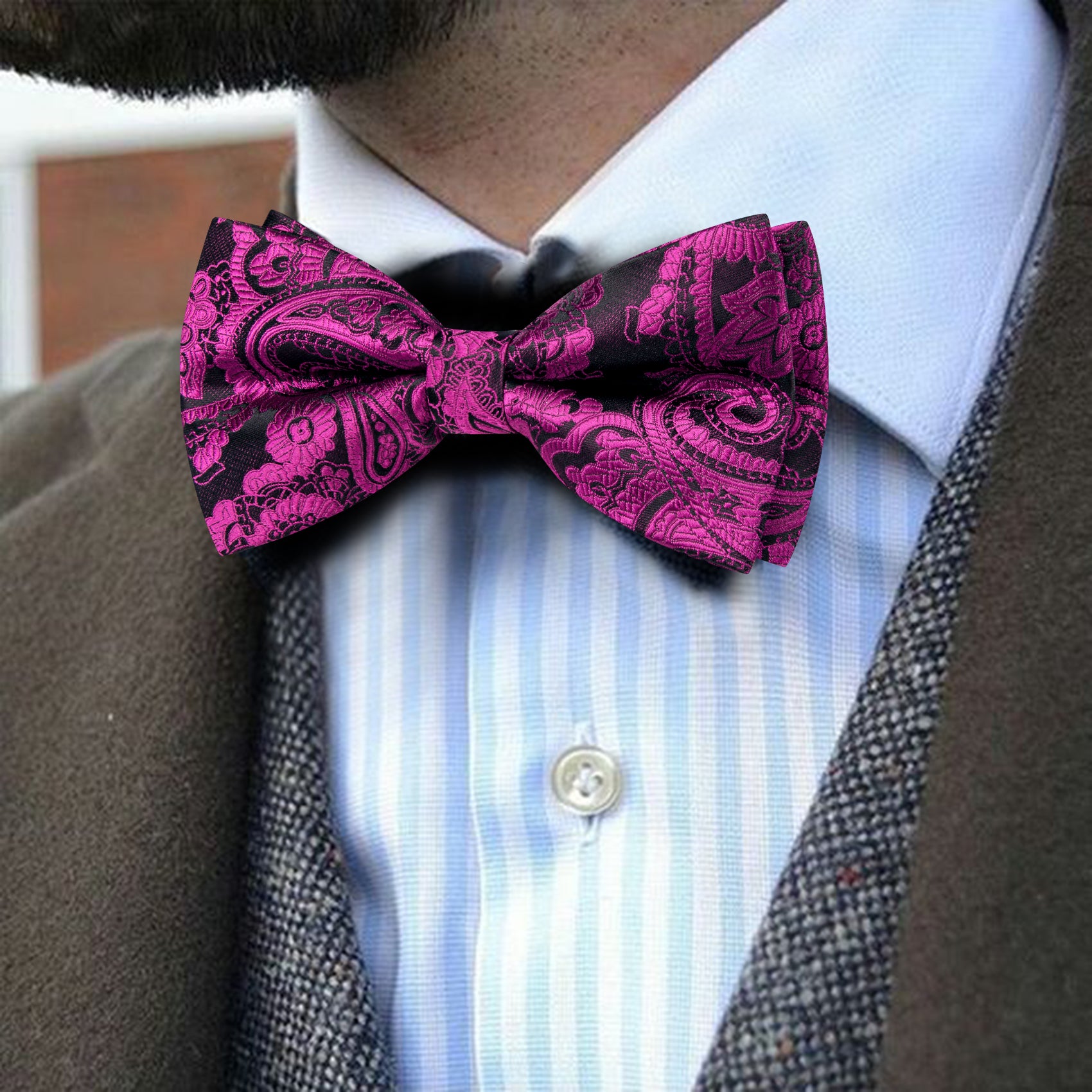Barry. Wang Fuchsia Pink Bow Tie Hanky Cufflinks Set Paisley Pre-tied Jacquard Bow Tie for Wedding
