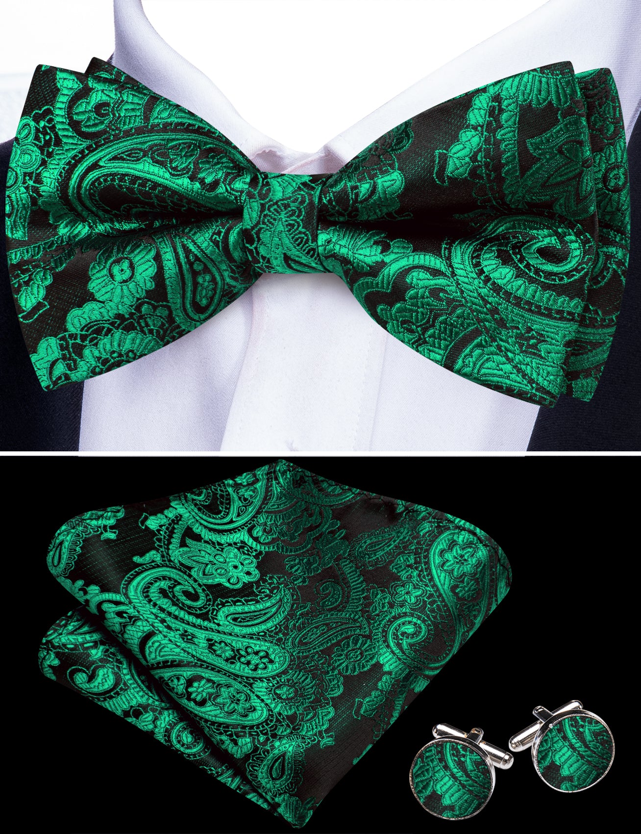 Barry. Wang Emerald Green Bow Tie Hanky Cufflinks Set Paisley Pre-tied Jacquard Men's Formal Bow Tie