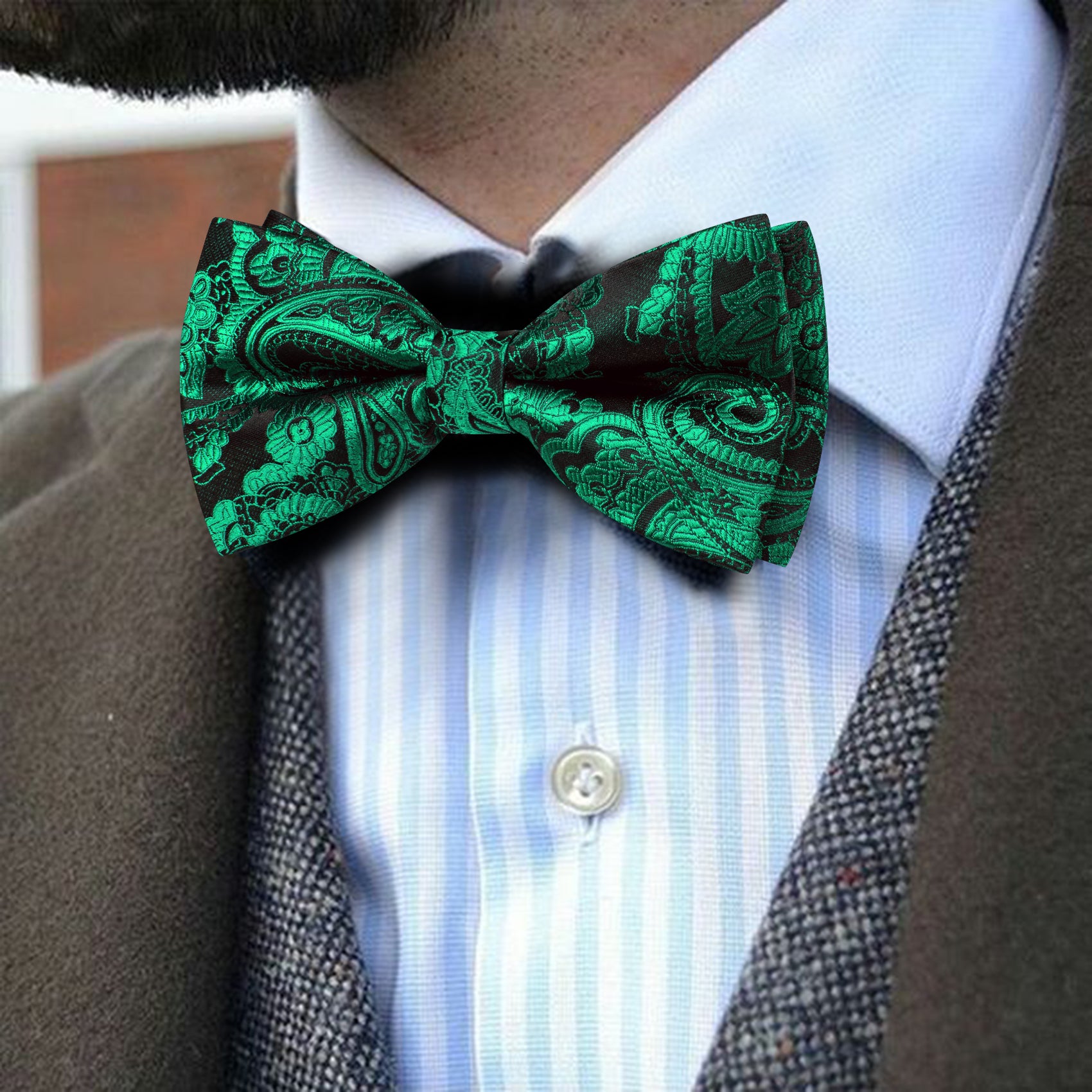 Barry. Wang Emerald Green Bow Tie Hanky Cufflinks Set Paisley Pre-tied Jacquard Men's Formal Bow Tie