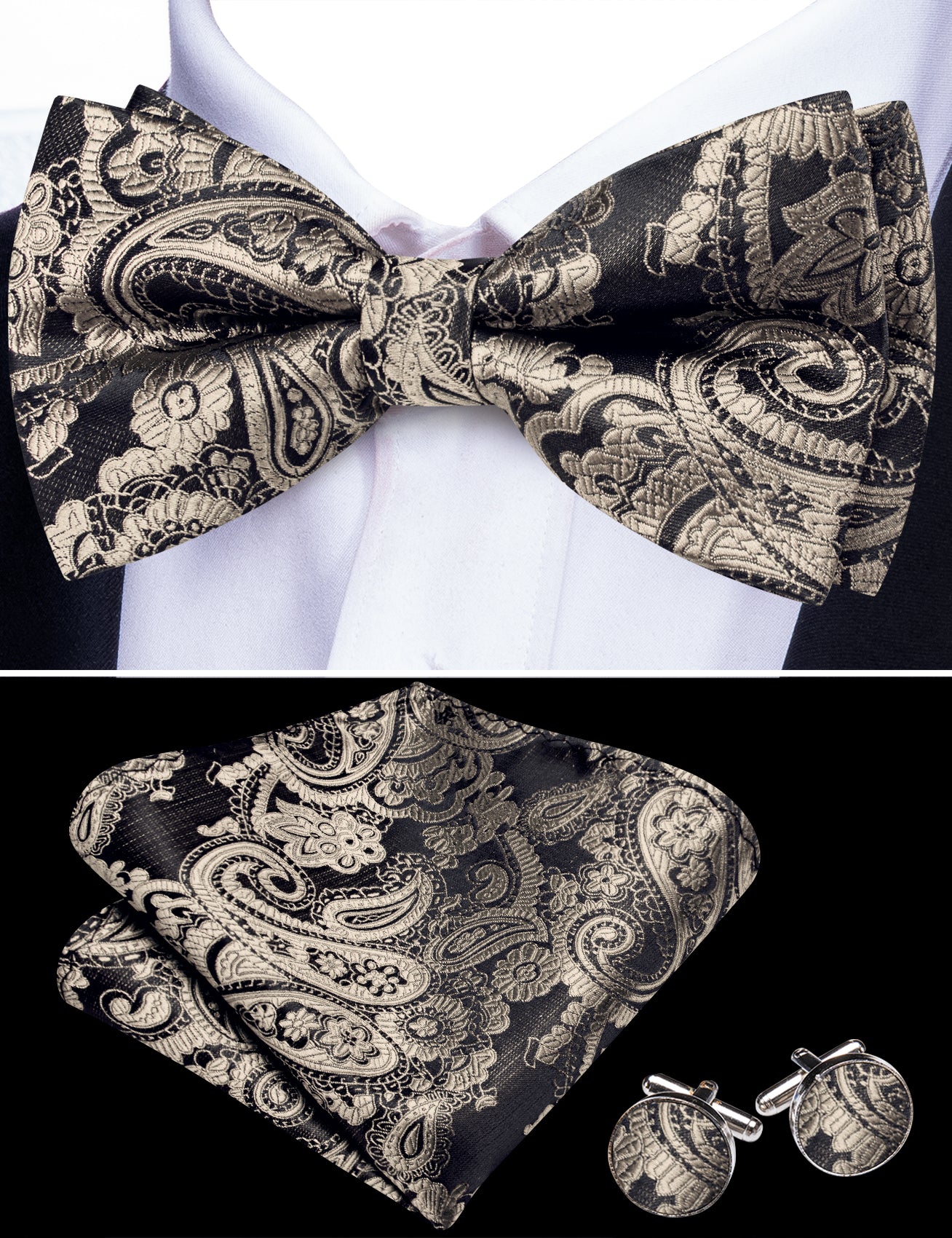 Barry. Wang Tuscan Tan Bowtie Men's Paisley Pre-tied Bow Tie Pocket Square Cufflinks Set for Tuxedo