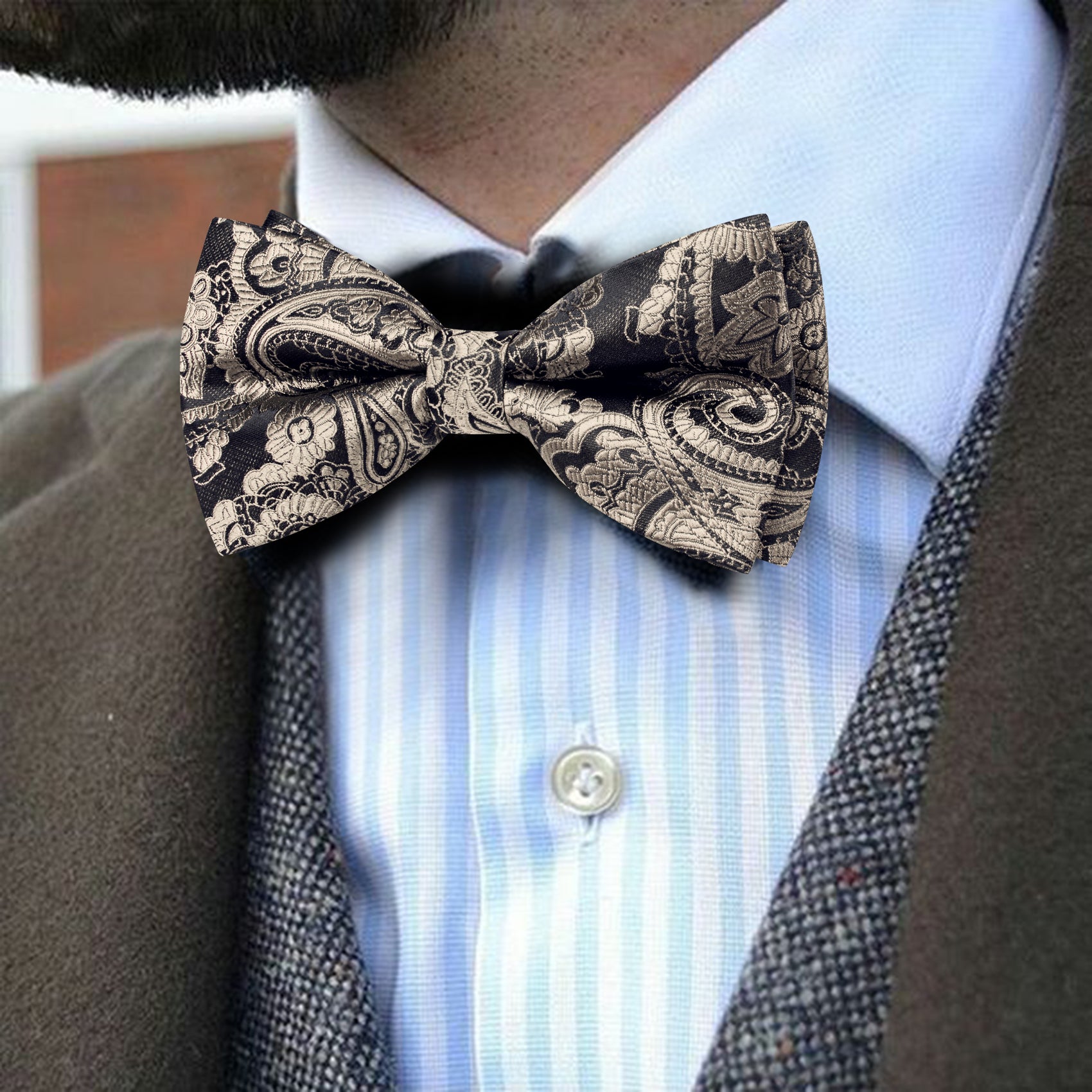 Barry. Wang Tuscan Tan Bowtie Men's Paisley Pre-tied Bow Tie Pocket Square Cufflinks Set for Tuxedo