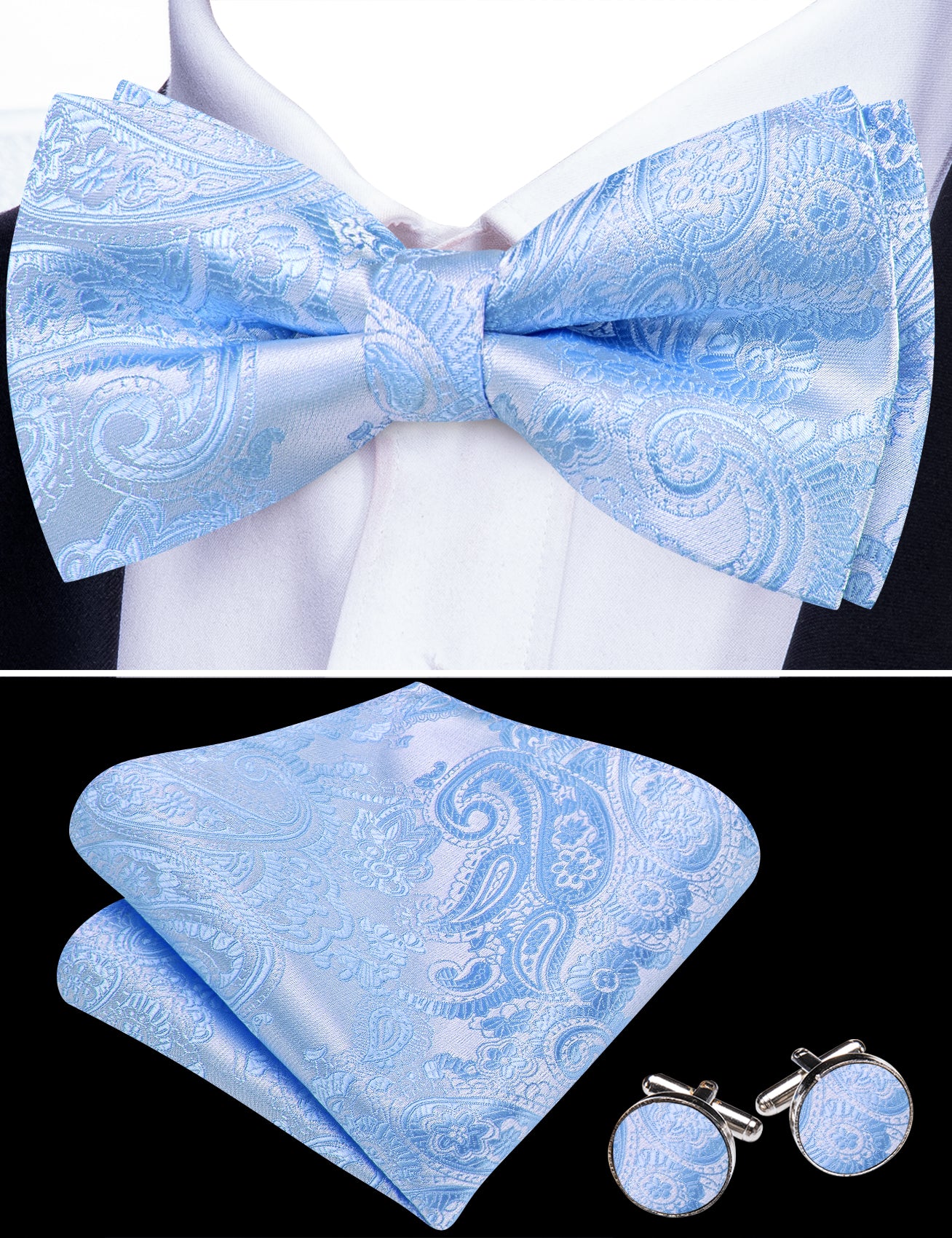 Barry. Wang Sky Blue Bowtie Men's Paisley Pre-tied Bow Tie for Wedding Pocket Square Cufflinks Set
