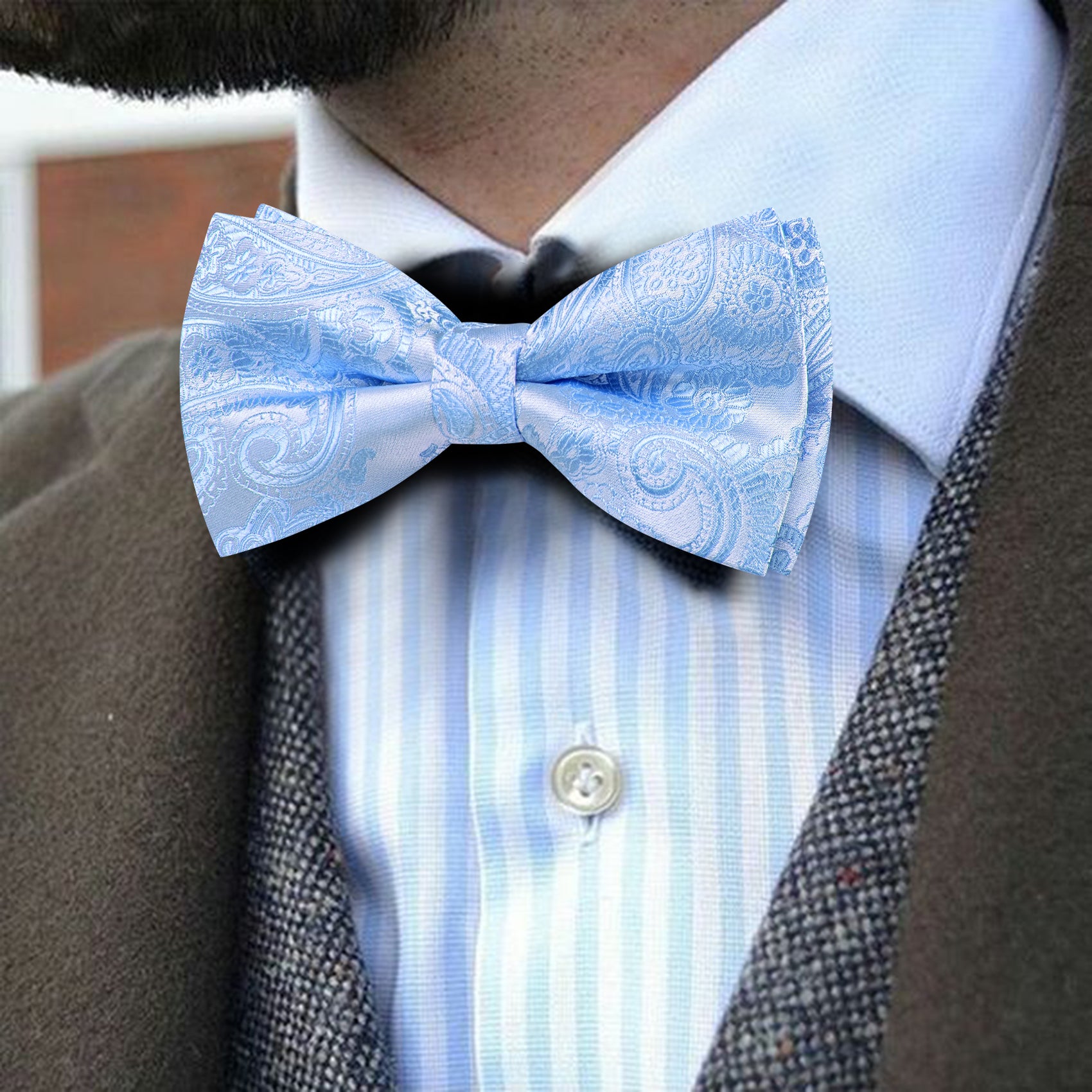 Barry. Wang Sky Blue Bowtie Men's Paisley Pre-tied Bow Tie for Wedding Pocket Square Cufflinks Set
