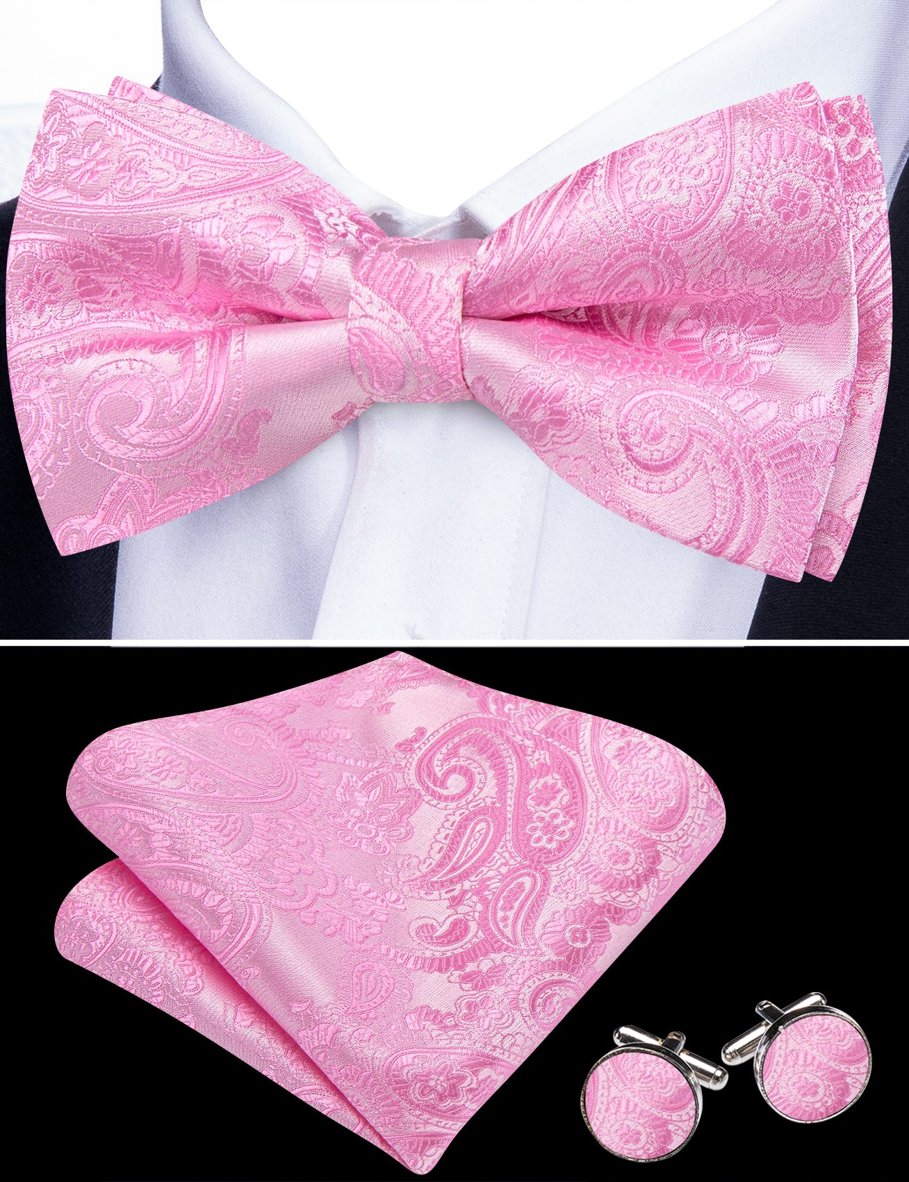 Barry. Wang Old Rose Bow Tie for Formal Paisley Jacquard Pre-tied Bow Tie Hanky Cufflinks Set