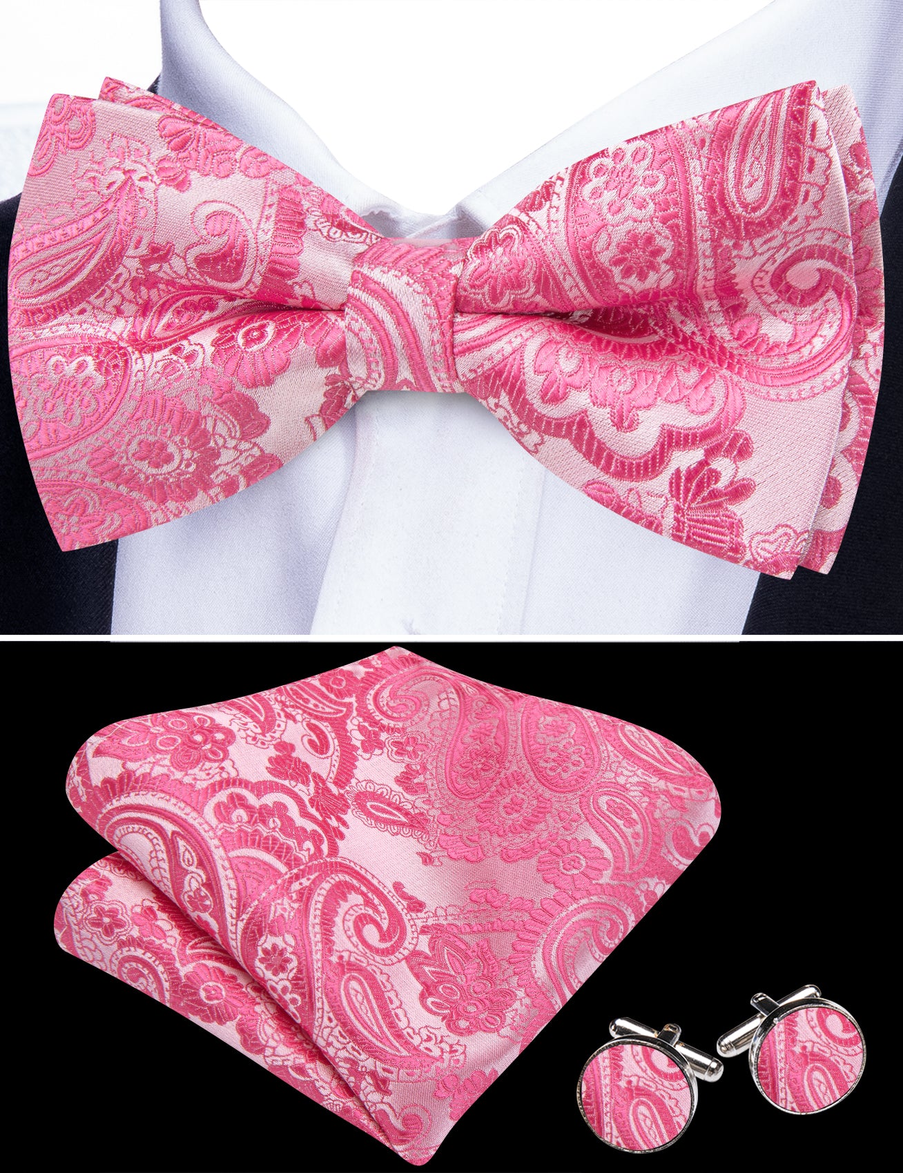 Barry. Wang Hot Pink Bowtie Hanky Cufflinks Set Jacquard Paisley Pre-tied Men's Bow Tie for Wedding