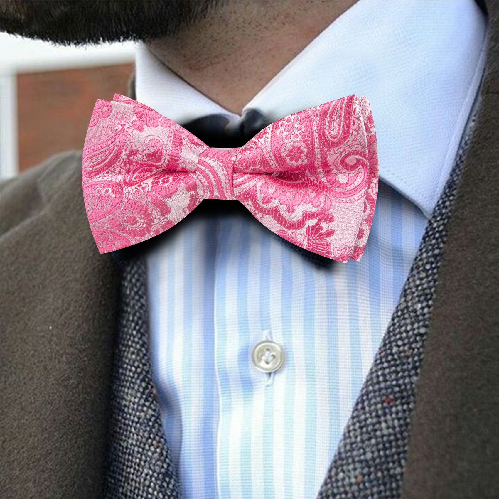 Barry. Wang Hot Pink Bowtie Hanky Cufflinks Set Jacquard Paisley Pre-tied Men's Bow Tie for Wedding
