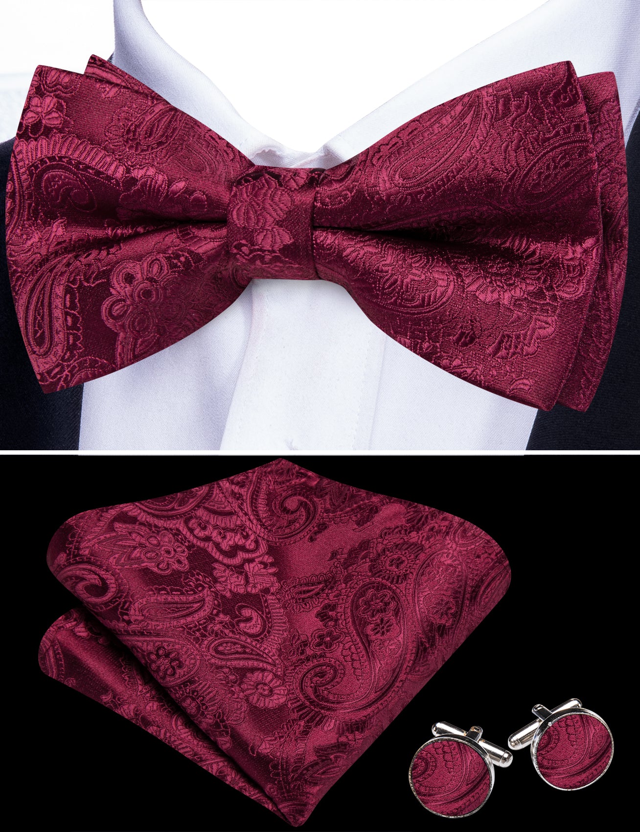 Barry. Wang Burgundy Paisley Bowtie for Wedding Adjustable Pre-tied Jacquard Bow Tie Hanky Cufflinks Set