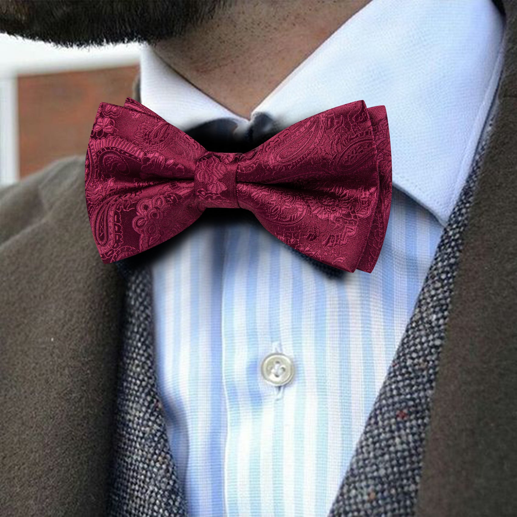 Barry. Wang Burgundy Paisley Bowtie for Wedding Adjustable Pre-tied Jacquard Bow Tie Hanky Cufflinks Set