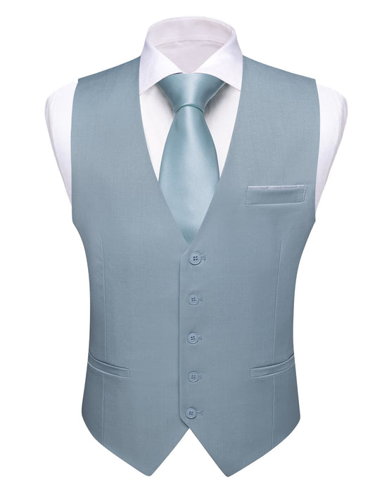 Barry. Wang Steel Blue Suit Vest for Men Solid V-neck Business Formal Vest