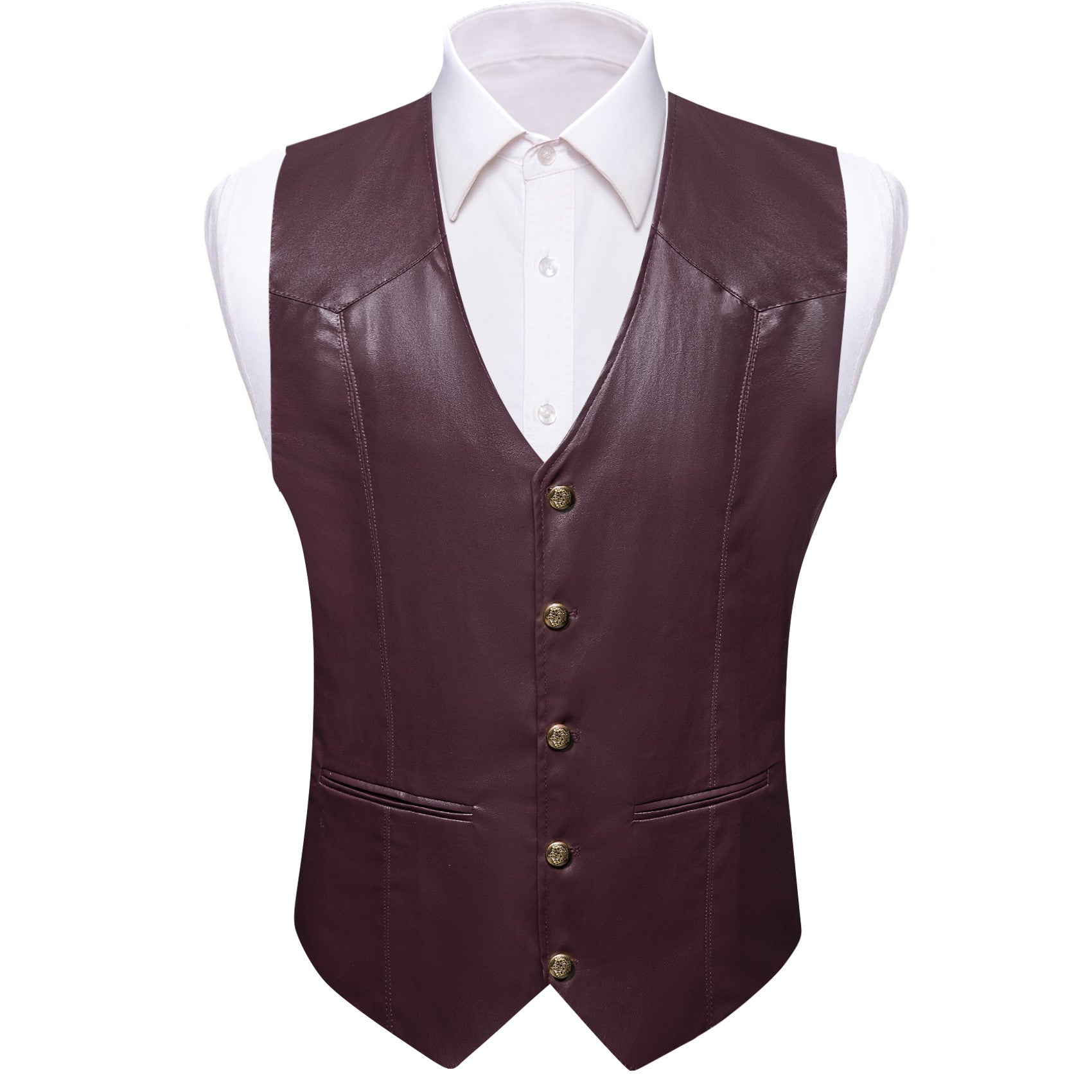 Barry. Wang Wine Leather Suit Vest Casual Western V-Neck Vest Jacket
