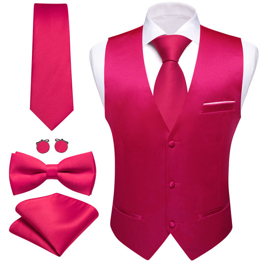 Barry. Wang Silk Fuchsia Pink Suit Vest Solid Dress Vest Necktie Bowtie Hanky Cufflinks Set