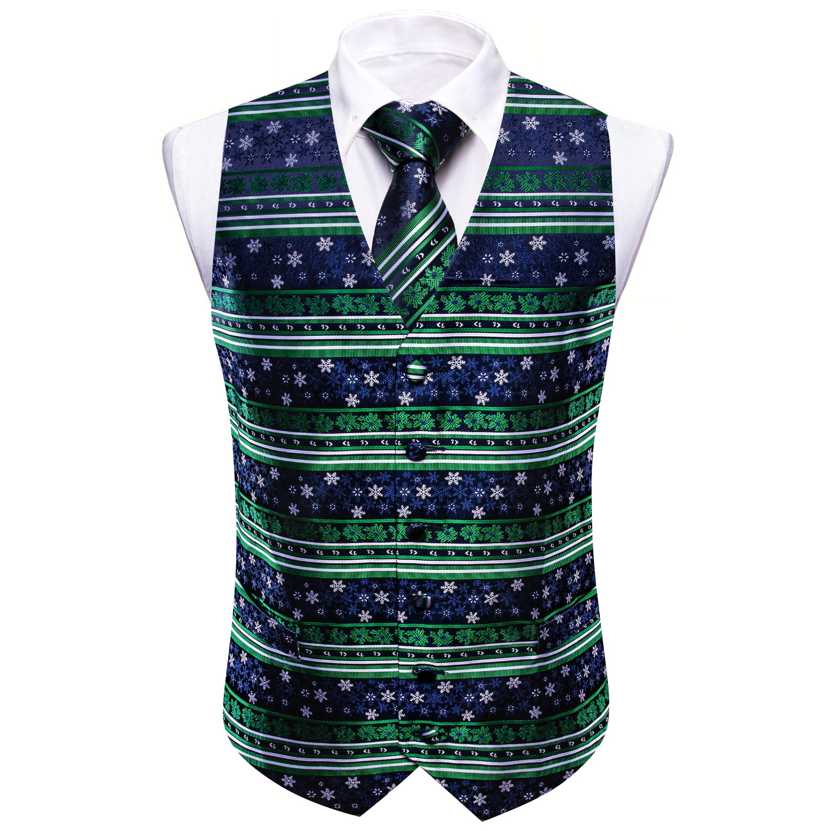Barry. Wang Navy Green Christmas Element Silk Tie Waistcoat Vest Hanky Cufflinks Set