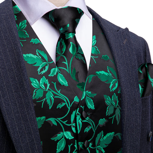 Barry. Wang Men's Green Black Floral Silk Vest Necktie Pocket Square Cufflinks Set