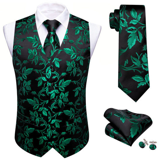 Barry. Wang Men's Green Black Floral Silk Vest Necktie Pocket Square Cufflinks Set