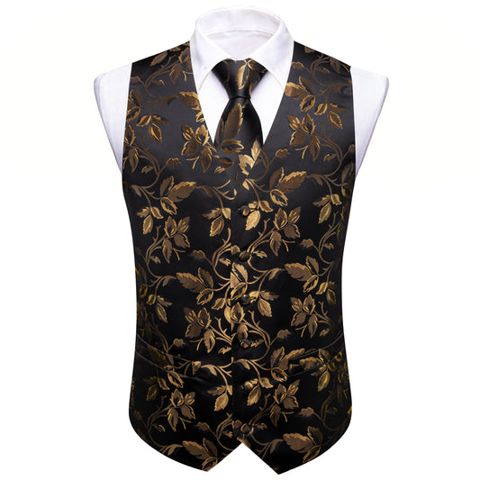 Barry. Wang Men's Golden Black Floral Silk Vest Necktie Pocket Square Cufflinks Set