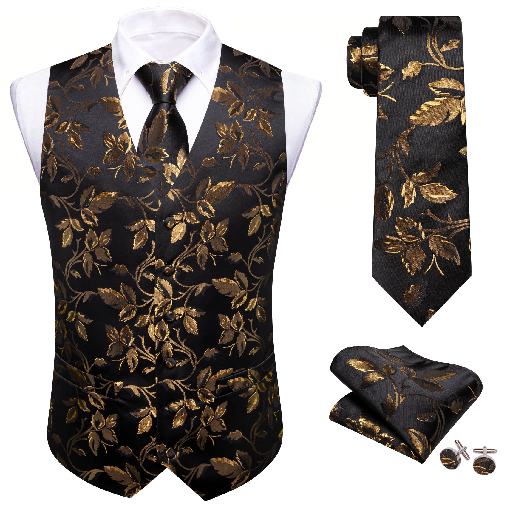 Barry. Wang Men's Golden  Black Floral Silk Vest Necktie Pocket Square Cufflinks Set