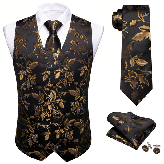 Barry. Wang Men's Golden Black Floral Silk Vest Necktie Pocket Square Cufflinks Set