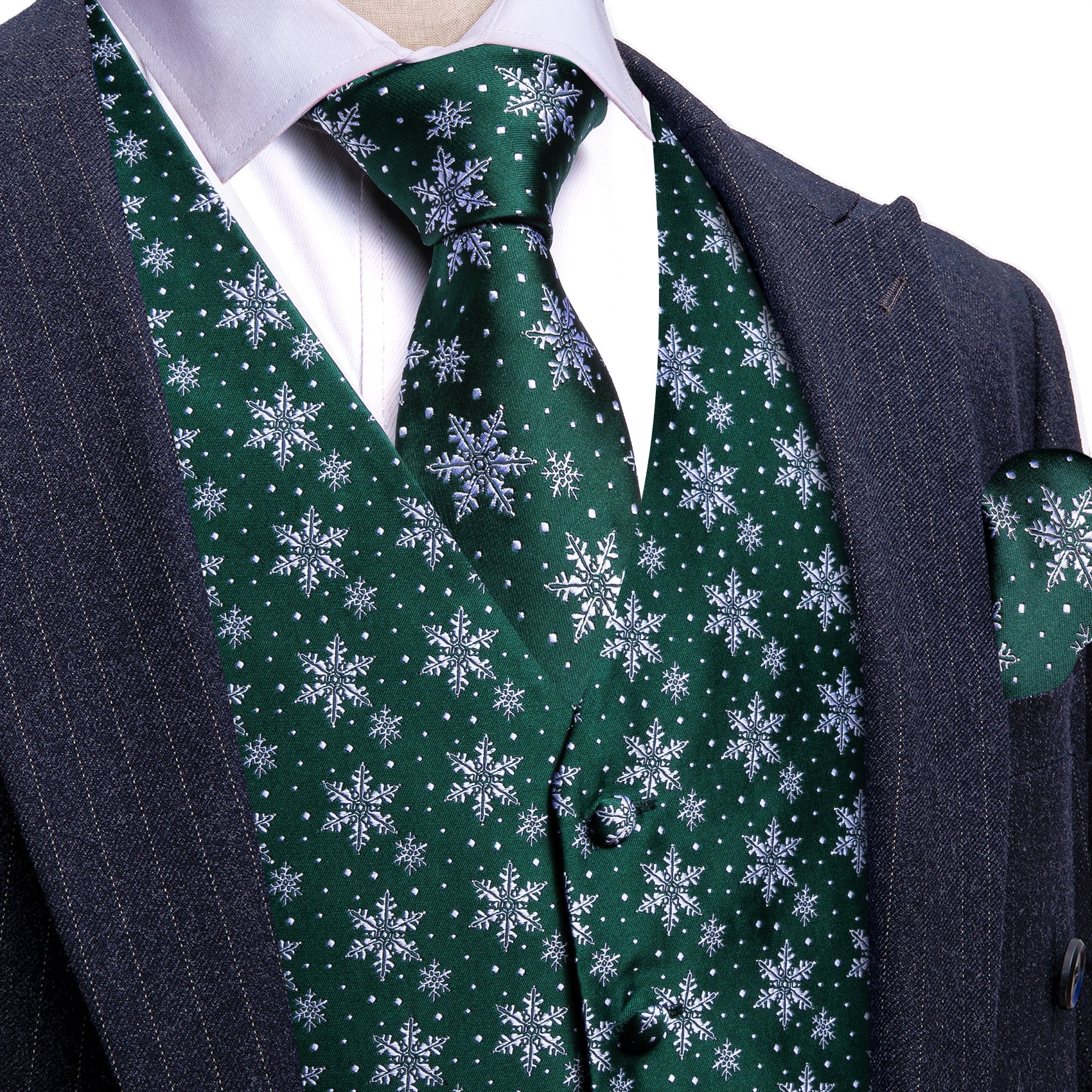 Barry. Wang Christmas Green White Xmas Snowflake Waistcoat Vest Tie Hanky Cufflinks Set