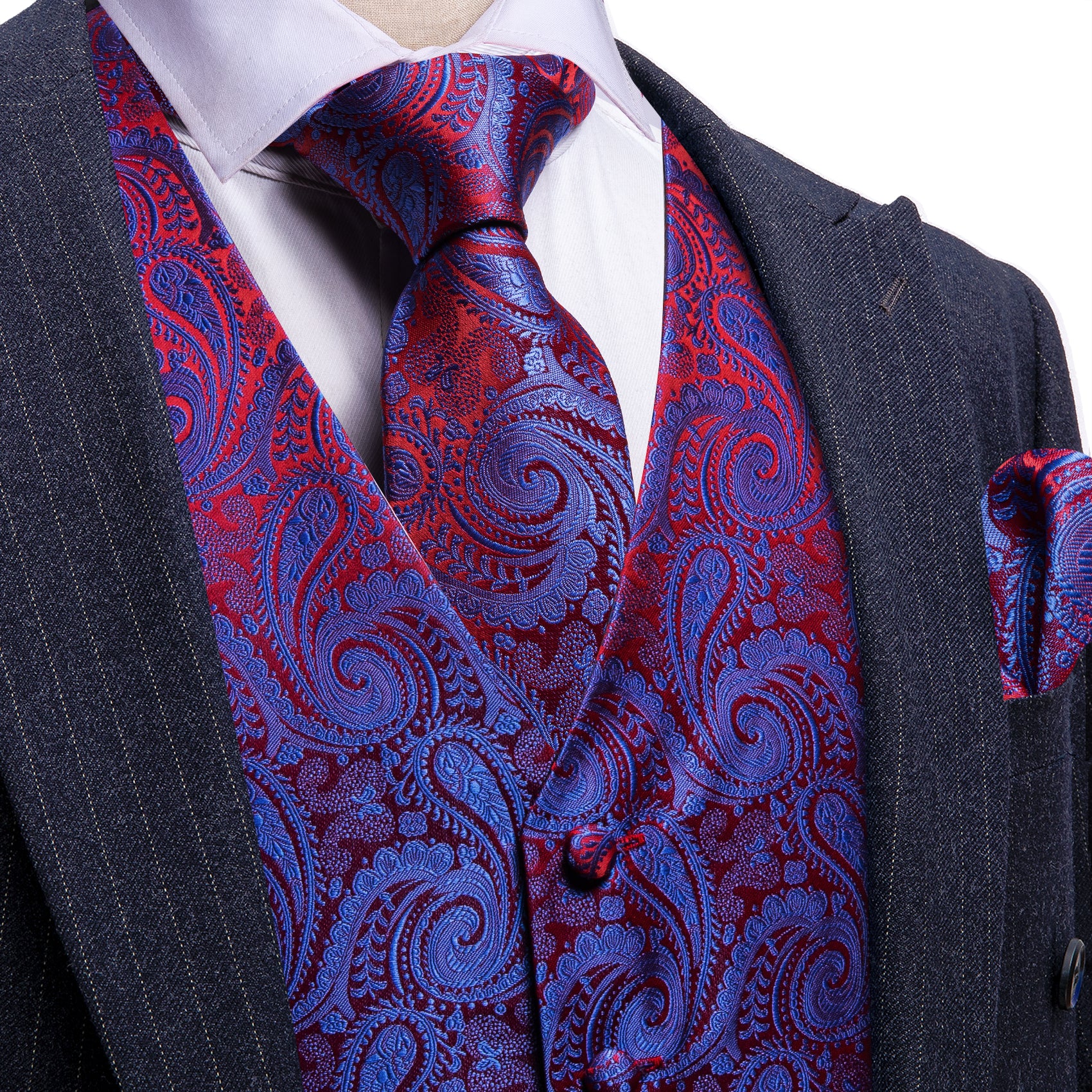 Barry. Wang Paisley Formal Vest Mens Blue Red Dress Vest Necktie Hanky Cufflinks Set, L Barry. Wang Paisley Formal Vest Mens Blue Red Dress Vest Necktie Hanky Cufflinks Set, L
