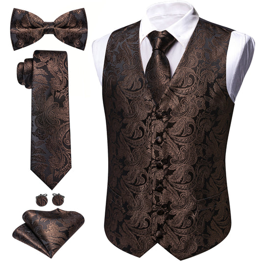 Man's Brown Paisley Vest Tie Set
