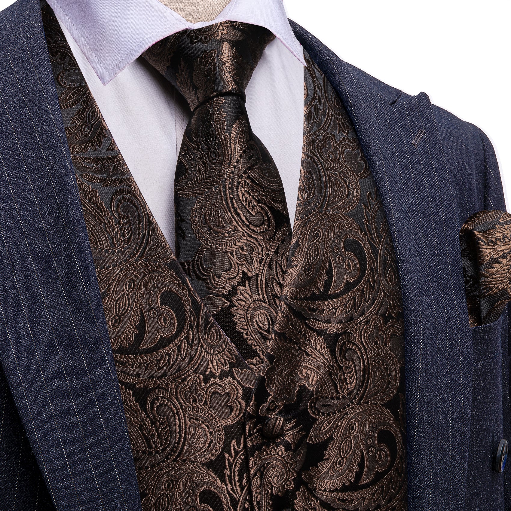 Barry. Wang Mens Brown Dress Vest Paisley Jacquard Formal Business Vest Tie Pocket Square Set, 2XL