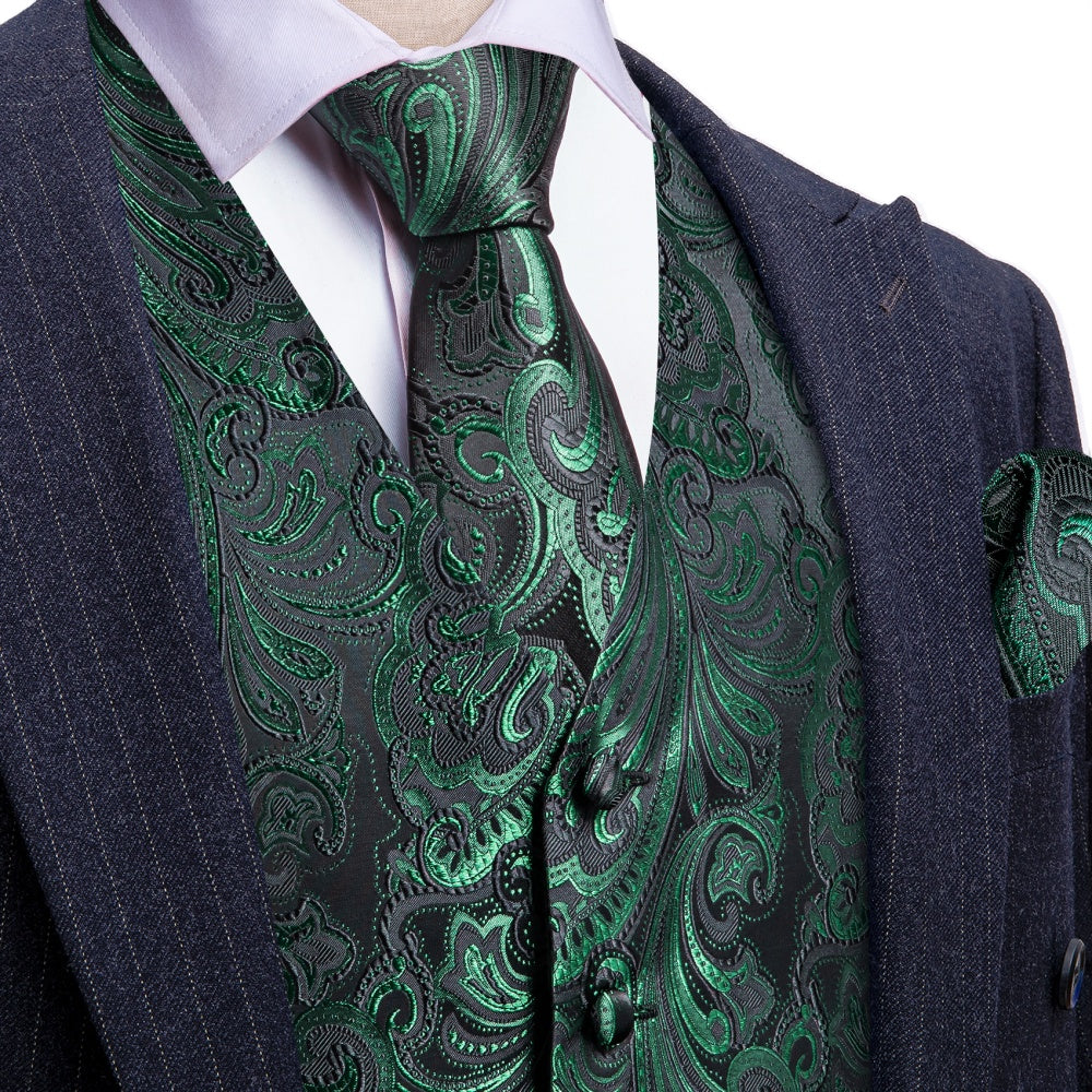 Barry. Wang Hunter Green Suit Vest for Men Formal Paisley Mens Vests Tie Hanky Cufflinks Set