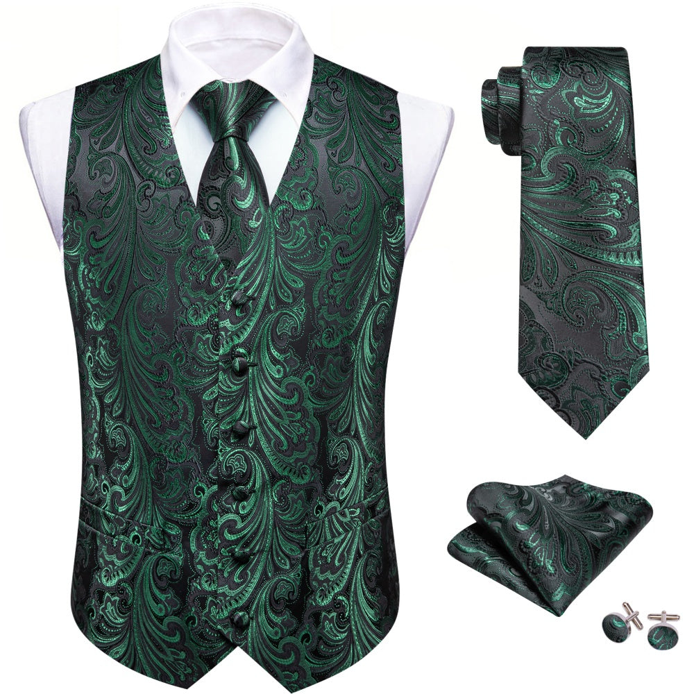 Barry. Wang Hunter Green Suit Vest for Men Formal Paisley Mens Vests Tie Hanky Cufflinks Set